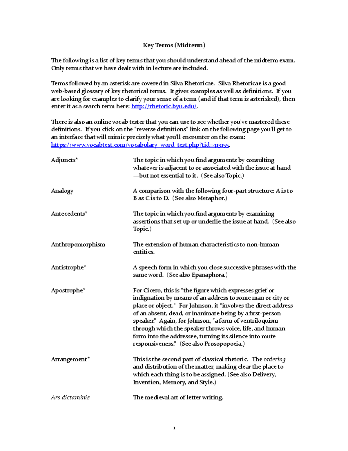 Key Terms (Midterm) - Only terms that we have dealt with in lecture are ...