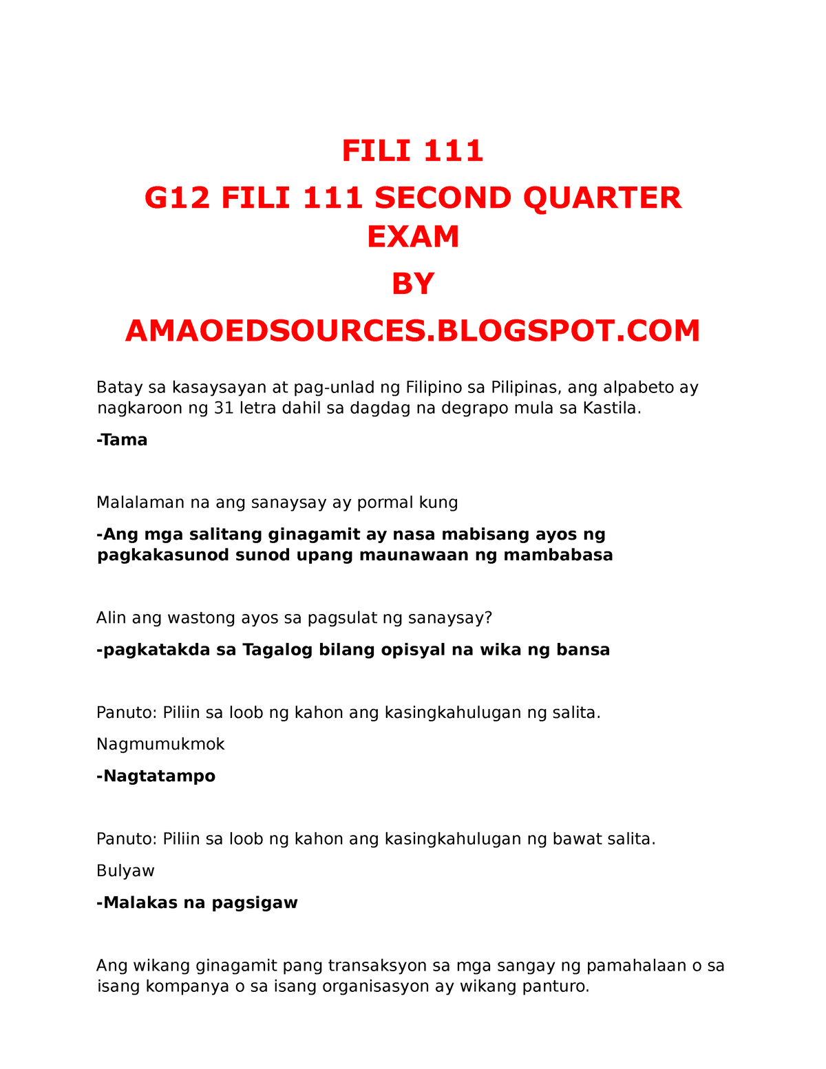 FILI-111-2ND Quarter Email { Amaoedsources - FILI 111 G12 FILI 111 ...