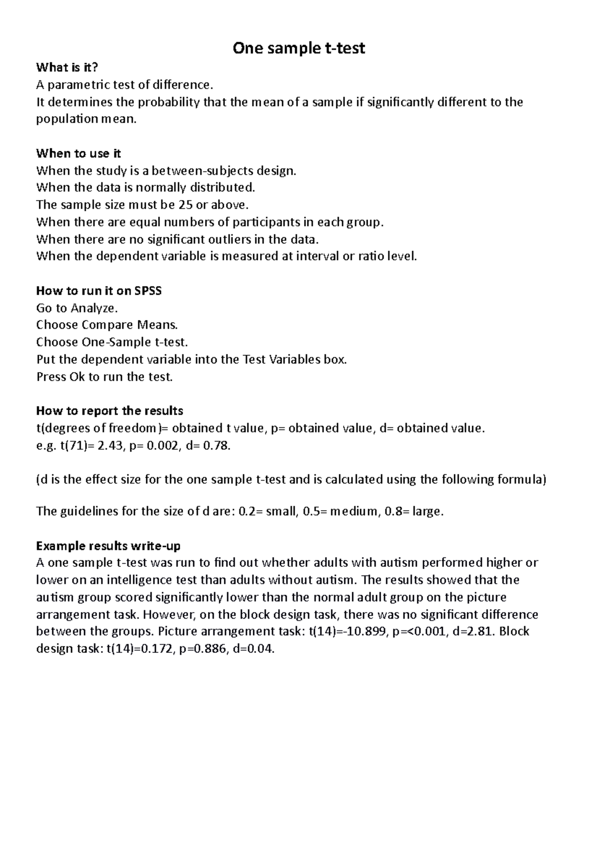 One sample t-test - One sample t-test What is it? A parametric test of ...