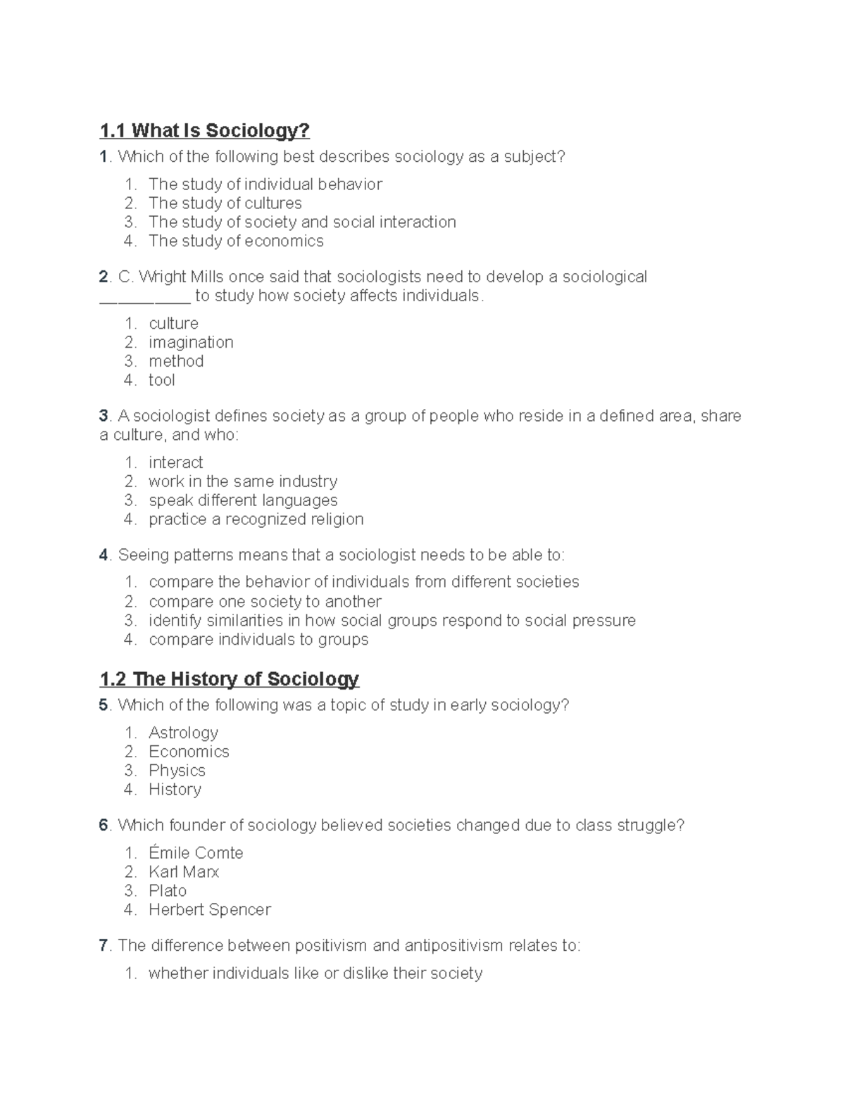 Soc 1 Chapters 1-6 Study Guide (No Answers) - 1 What Is Sociology? 1 ...