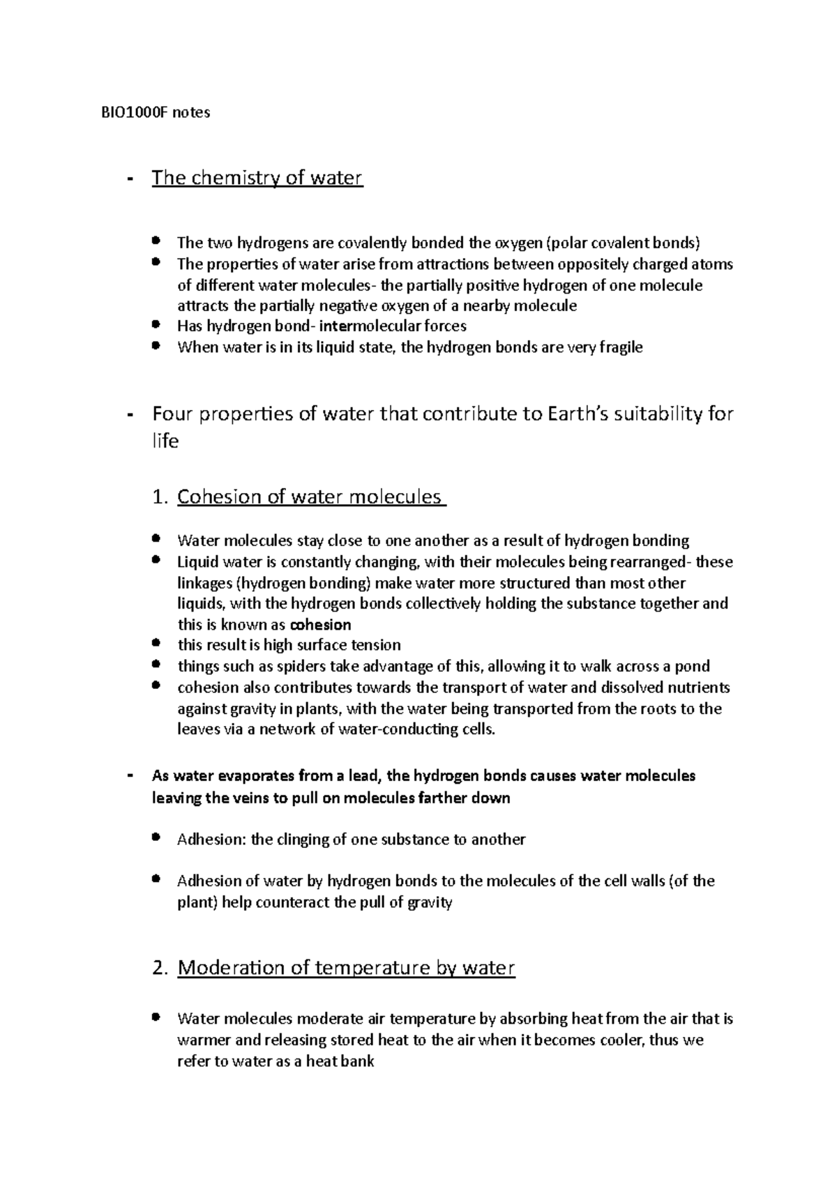 BIO1000 F notes Biology BIO1000F notes The chemistry of water