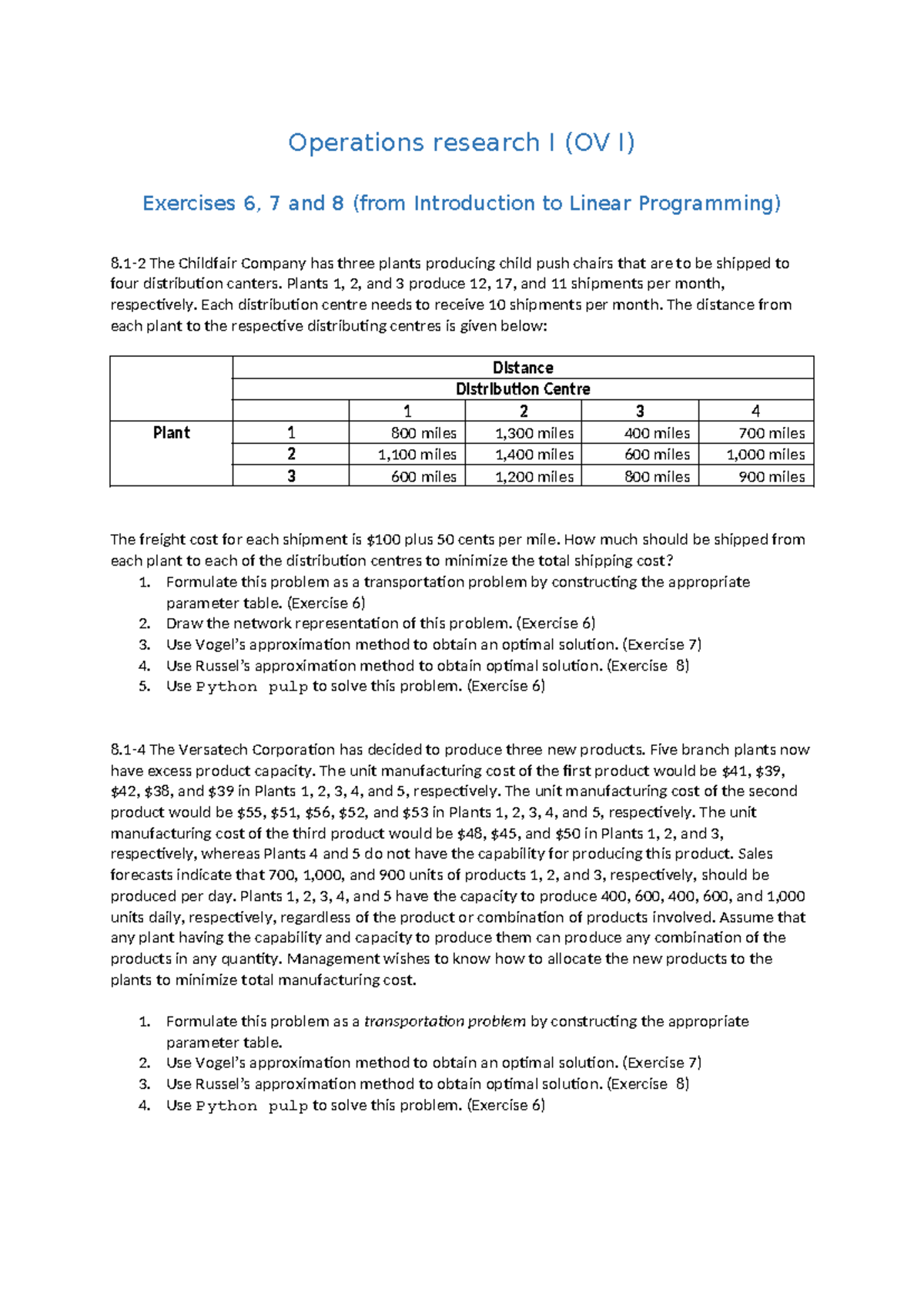 Exercise 6 7 8 - Operations research I (OV I) Exercises 6, 7 and 8 ...