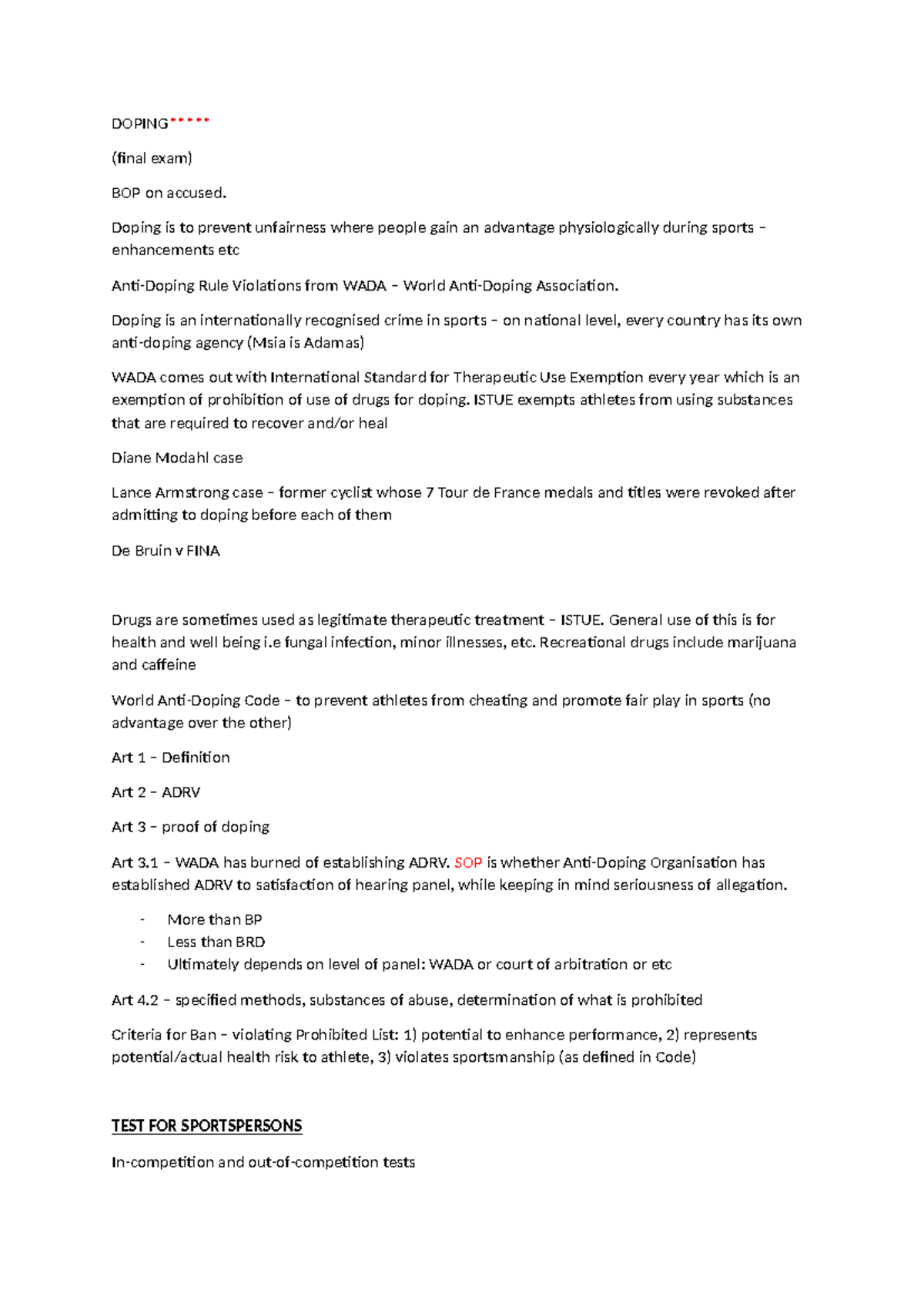 Sports law doping - DOPING***** (final exam) BOP on accused. Doping is ...