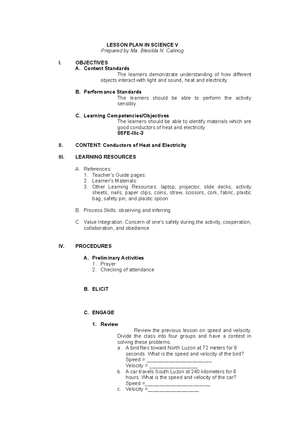 Lesson PLAN IN Conductors OF HEAT AND Electricity - LESSON PLAN IN ...