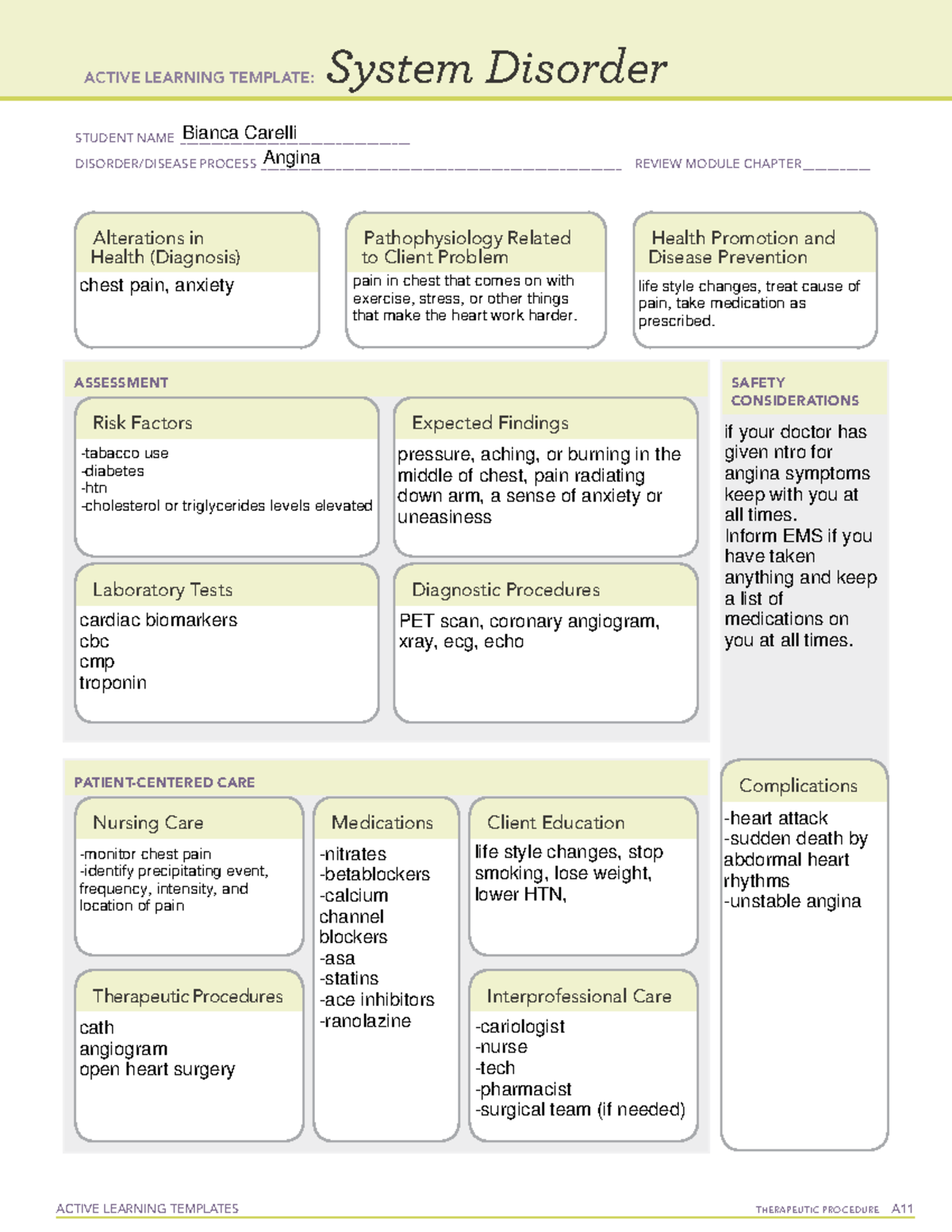 Angina System Disorder Template