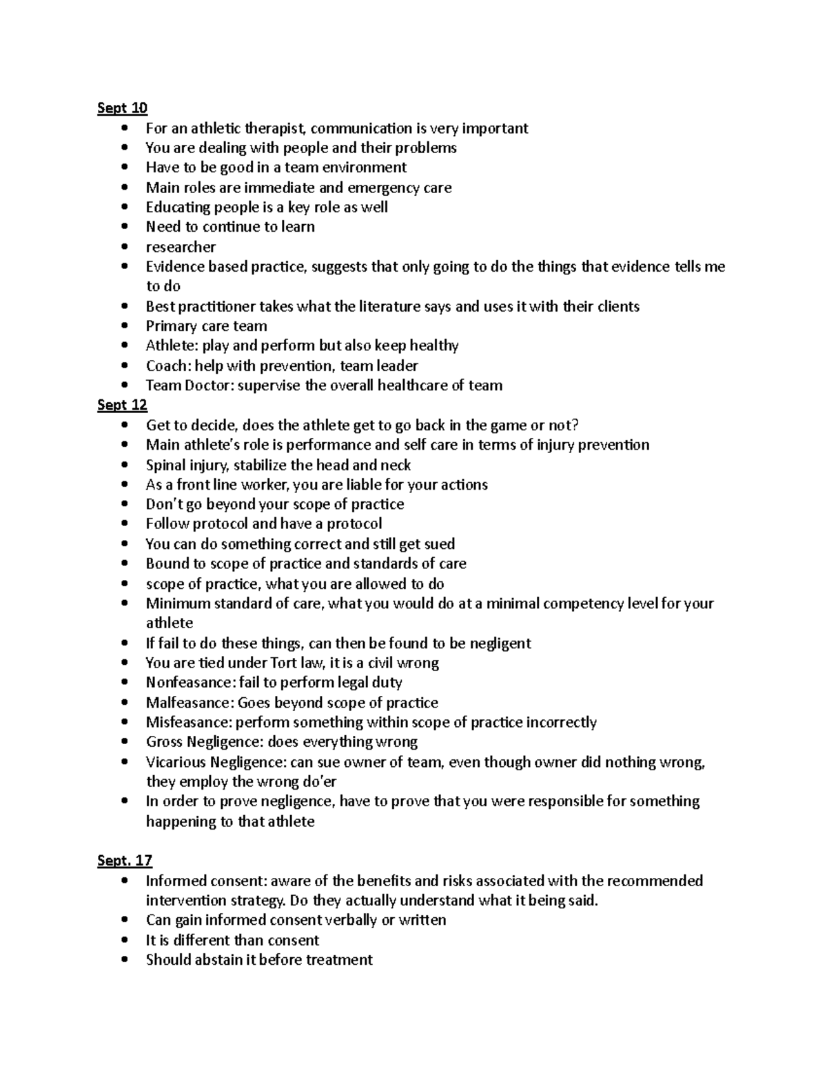 Kine 2495 Class Notes - Sept 10 For An Athletic Therapist ...