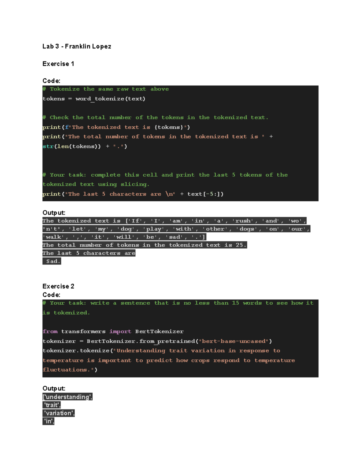 Lab3quest 2 Lab 3 Lab 3 Franklin Lopez Exercise 1 Code Tokenize