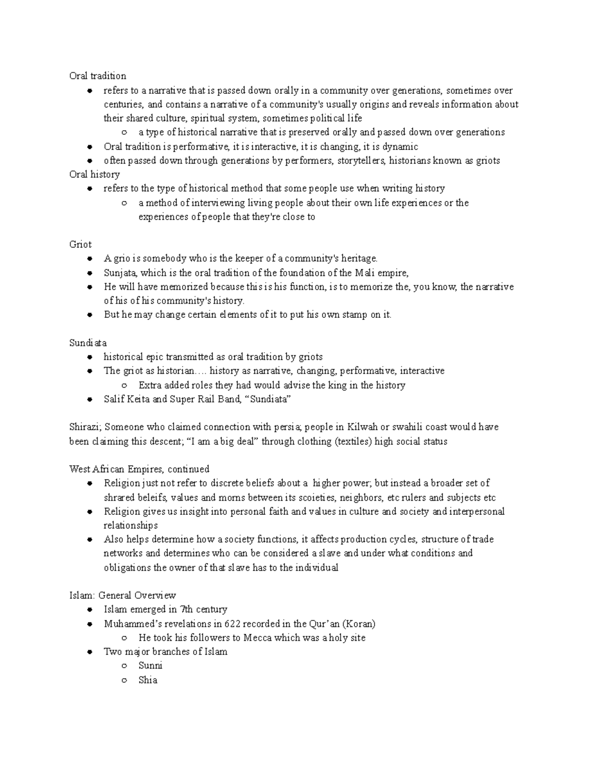 Songhay Empire - Unit 1 Lecture 6 - Oral tradition refers to a ...