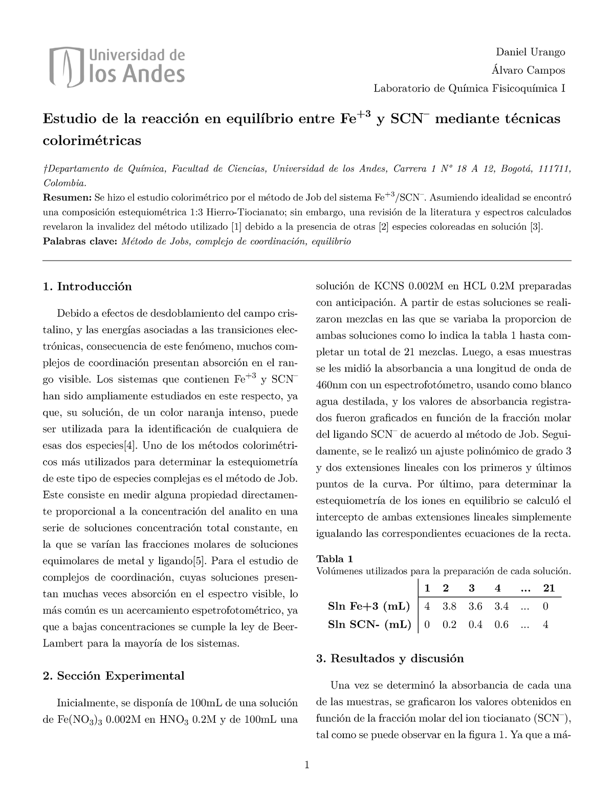 Informe Lab Fq I 1 Daniel Urango Álvaro Campos Laboratorio De Química