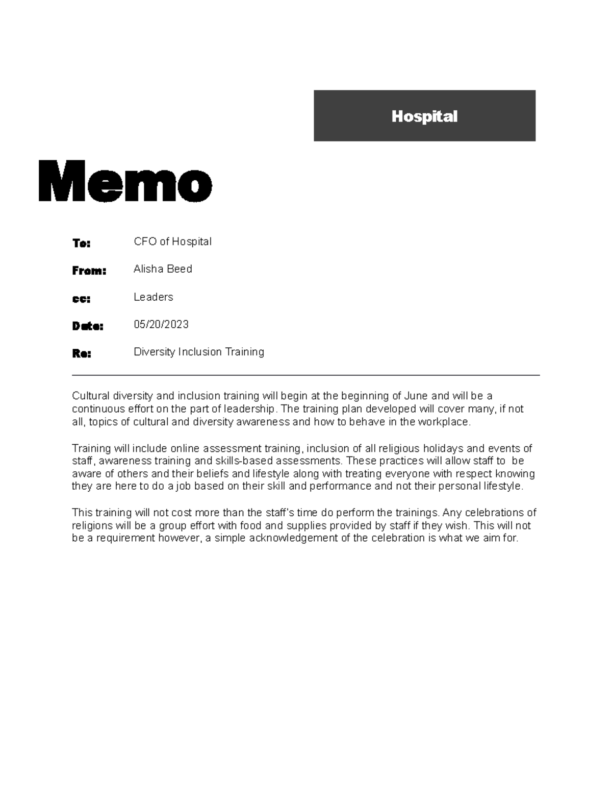 Alisha Beed Cultural Diversity Memo - Hospital Memo To: CFO of Hospital ...