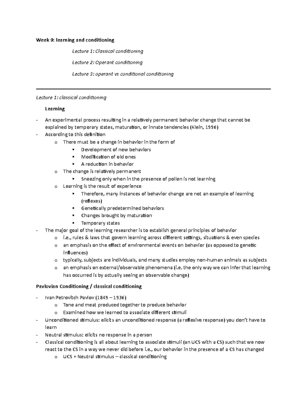 PSYC121 - classical and operant conditioning - Week 9: learning and ...