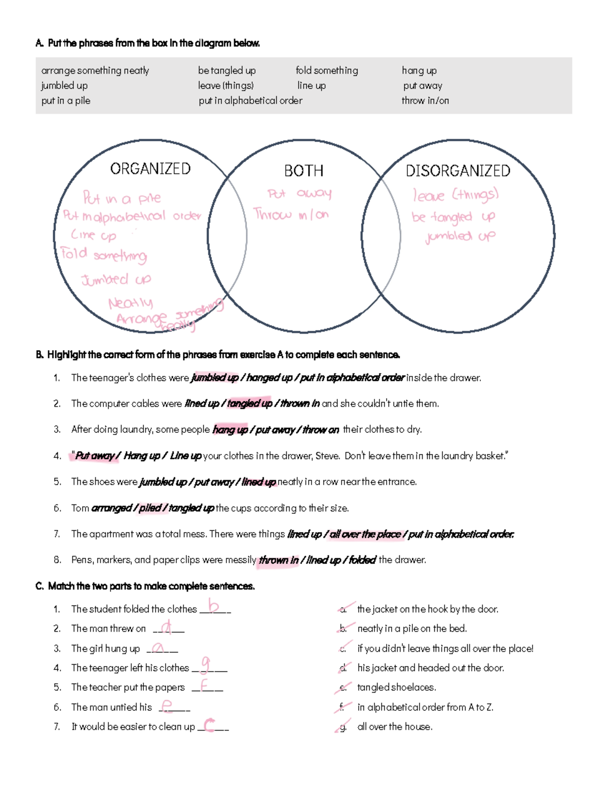 Unit 8 Lessons 1 & 2 - A. Put the phrases from the box in the diagram ...