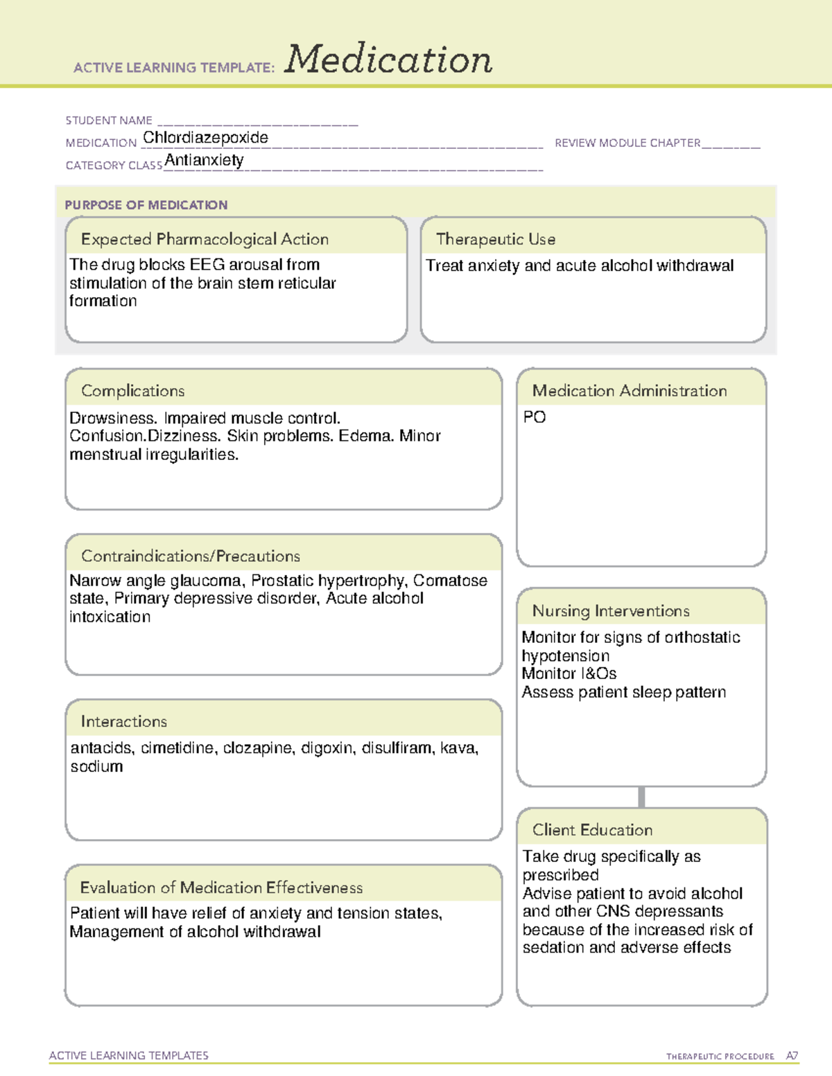 Chlordiazepoxide - med template ATI - NRSE 3010 - ETSU - Studocu