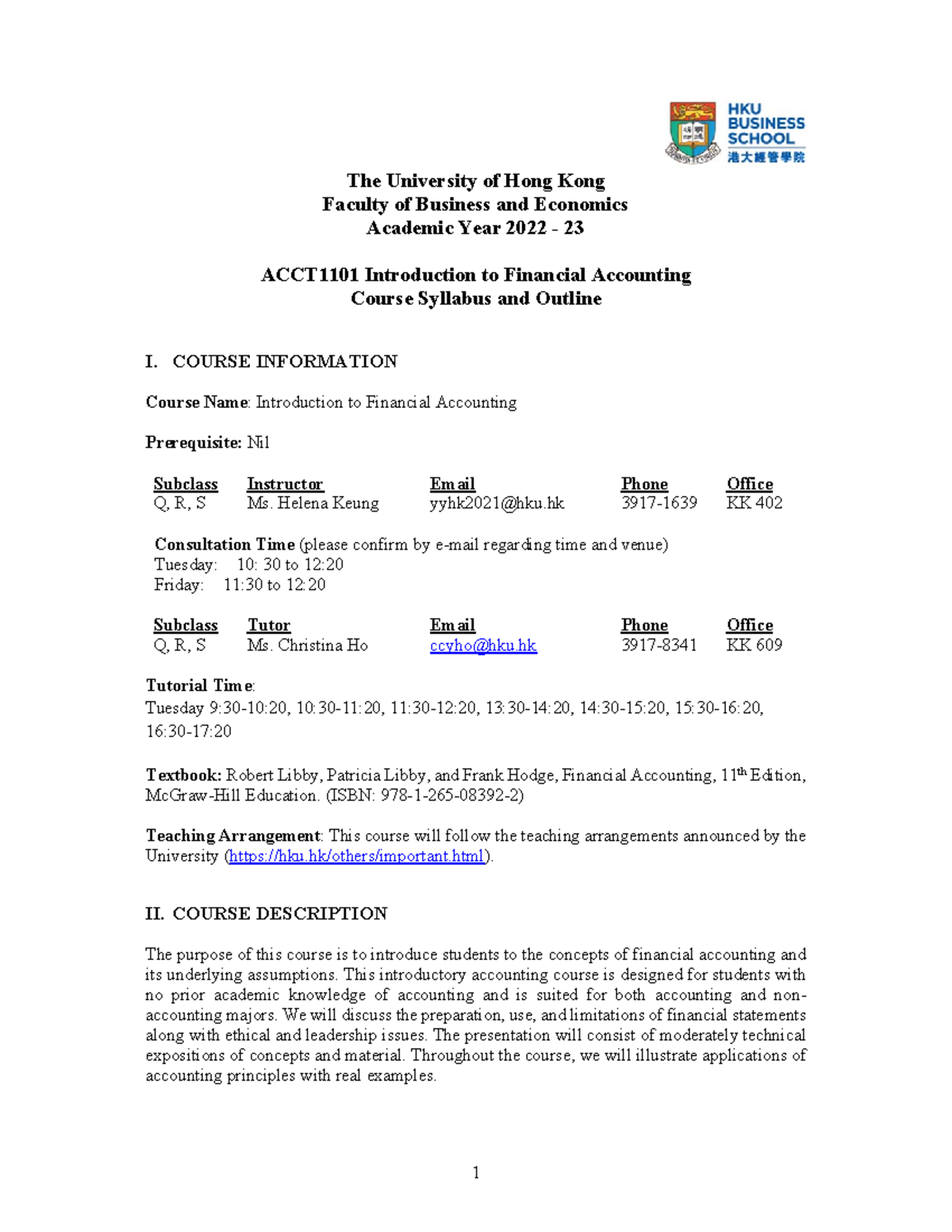 ACCT1101 Course Outline 2022-23 Sem 2 (Q, R, S) - The University Of ...