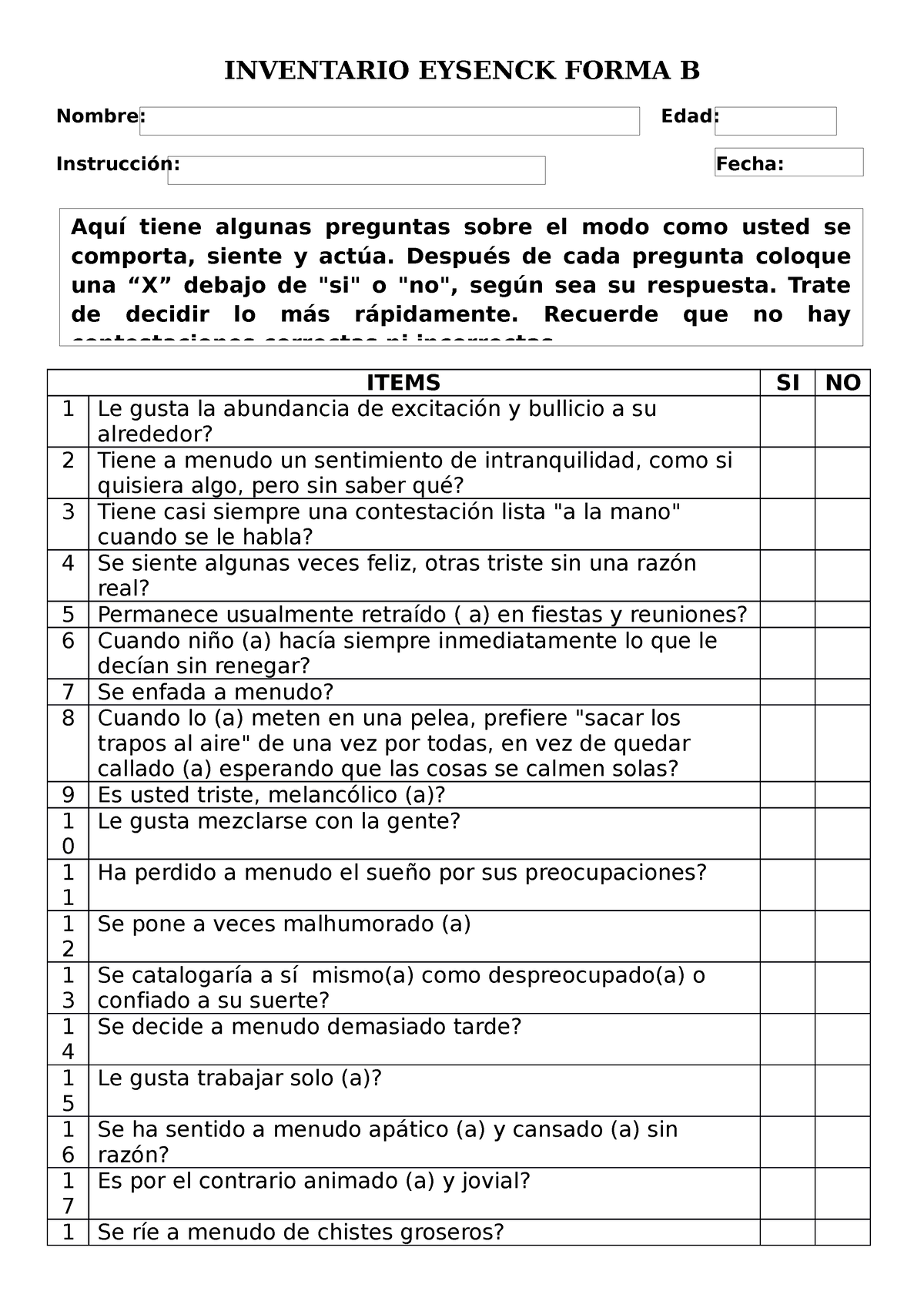 Eysenck Forma B - Protocolo Y HOJA DE Respuestas - INVENTARIO EYSENCK ...