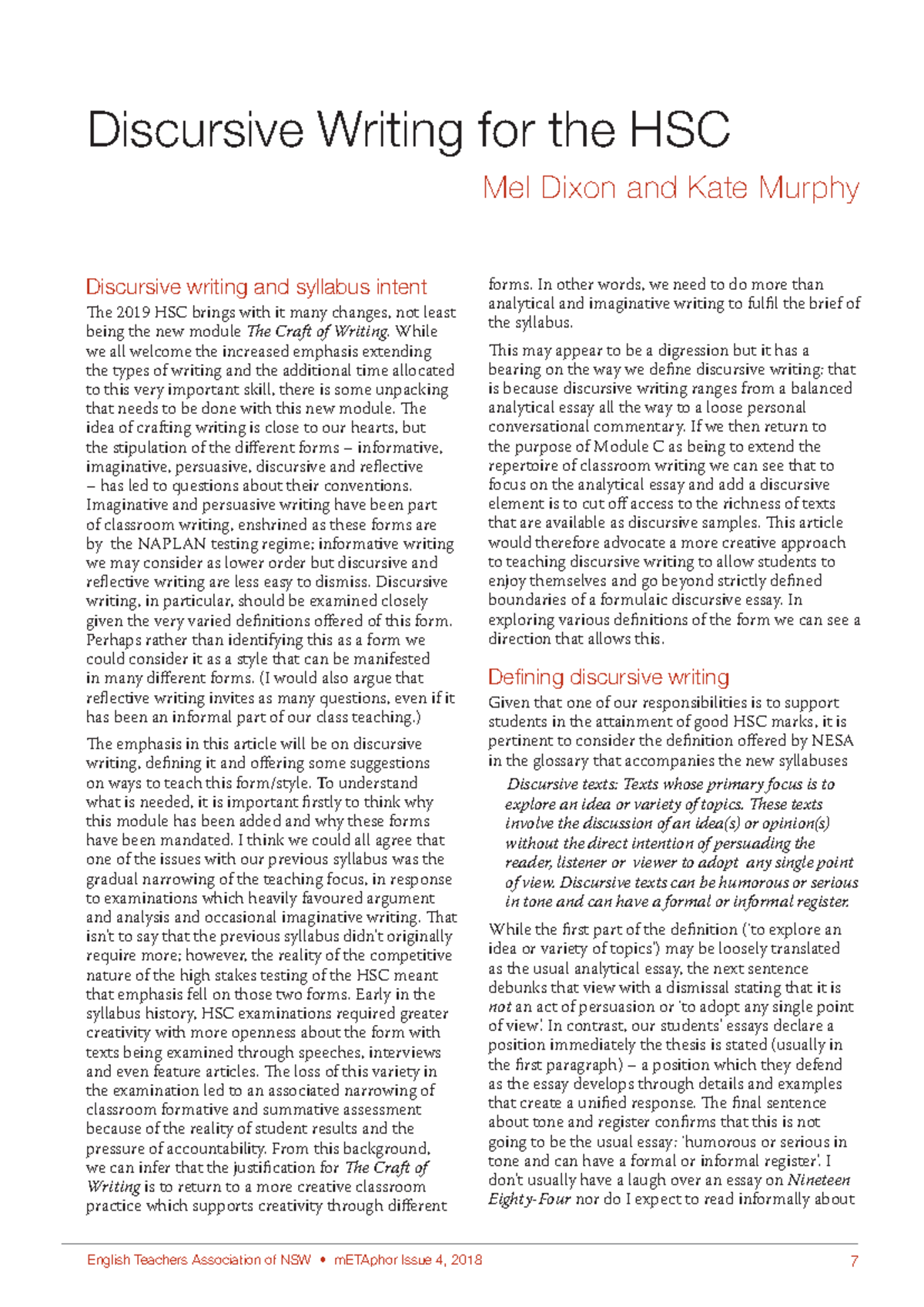 Discursive Writing for the HSC - Mel Dixon and Kate Murphy Discursive ...