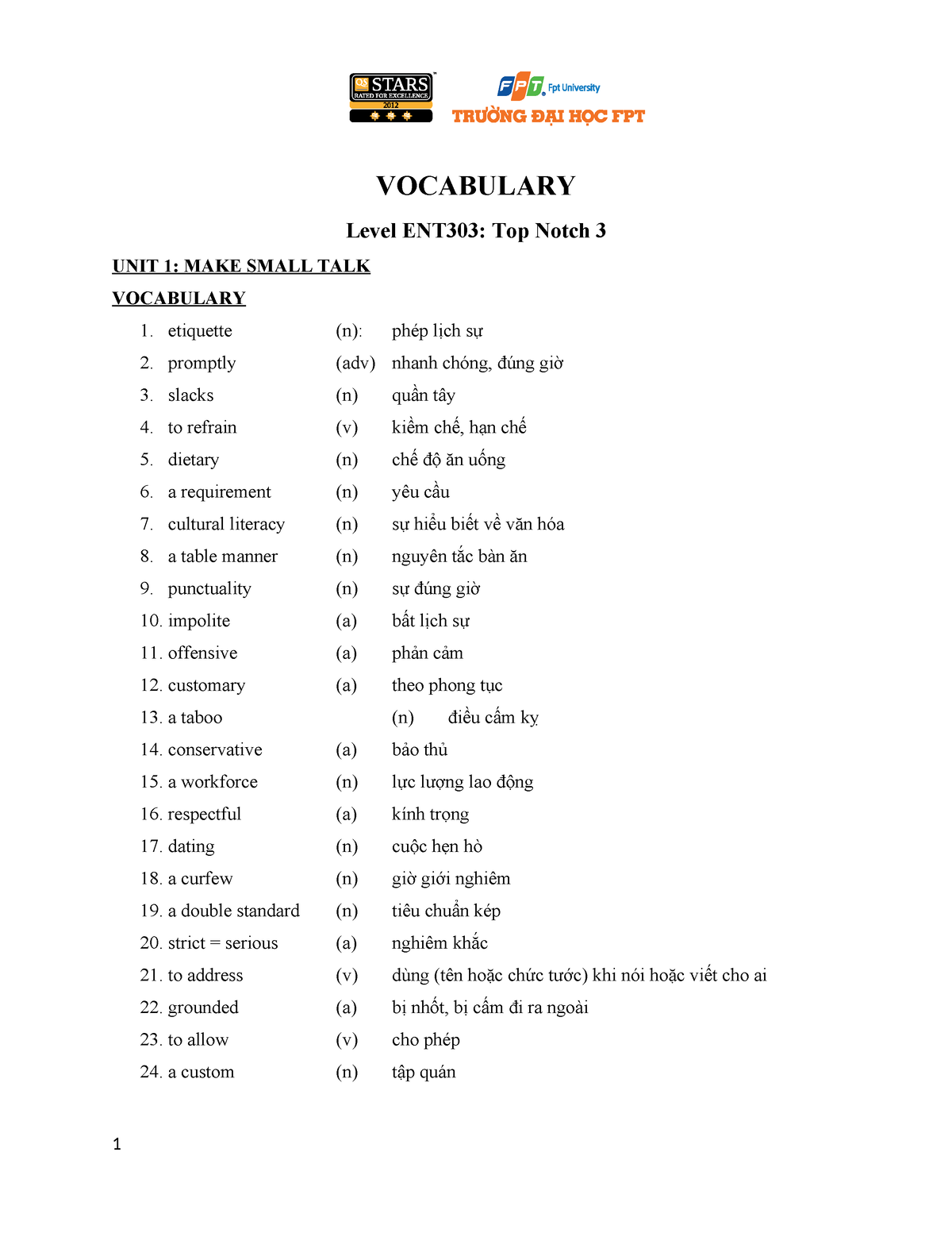 ENT303 Vocabulary FA20 - VOCABULARY Level ENT303: Top Notch 3 UNIT 1 ...