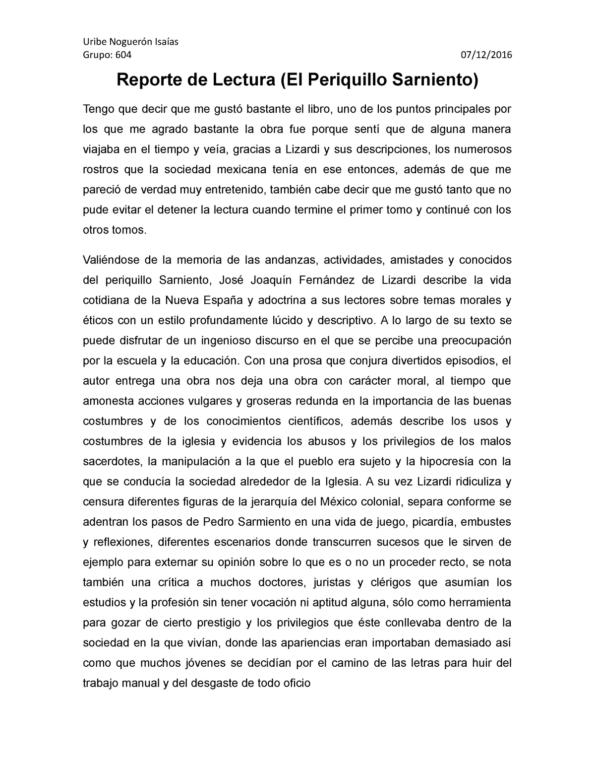 Reporte De Lectura Periquillo Sarniento 1516 Unam Studocu