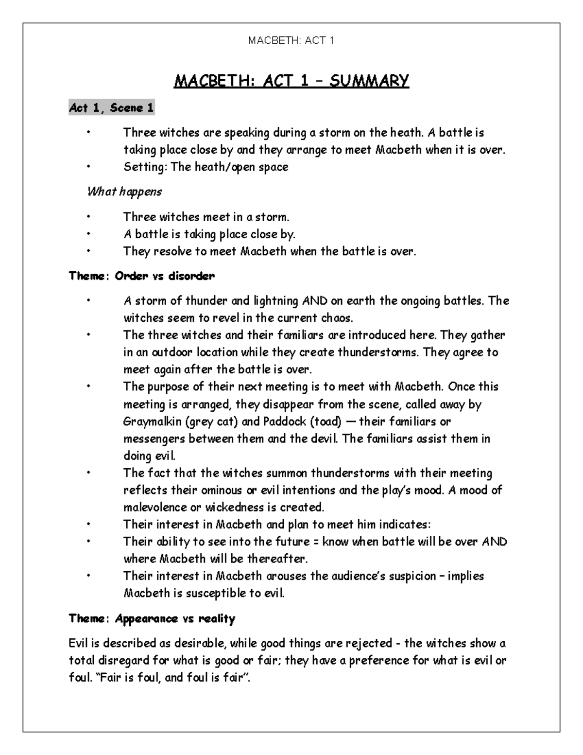 Macbeth Summaries - MACBETH: ACT 1 – SUMMARY Act 1, Scene 1 - Three ...