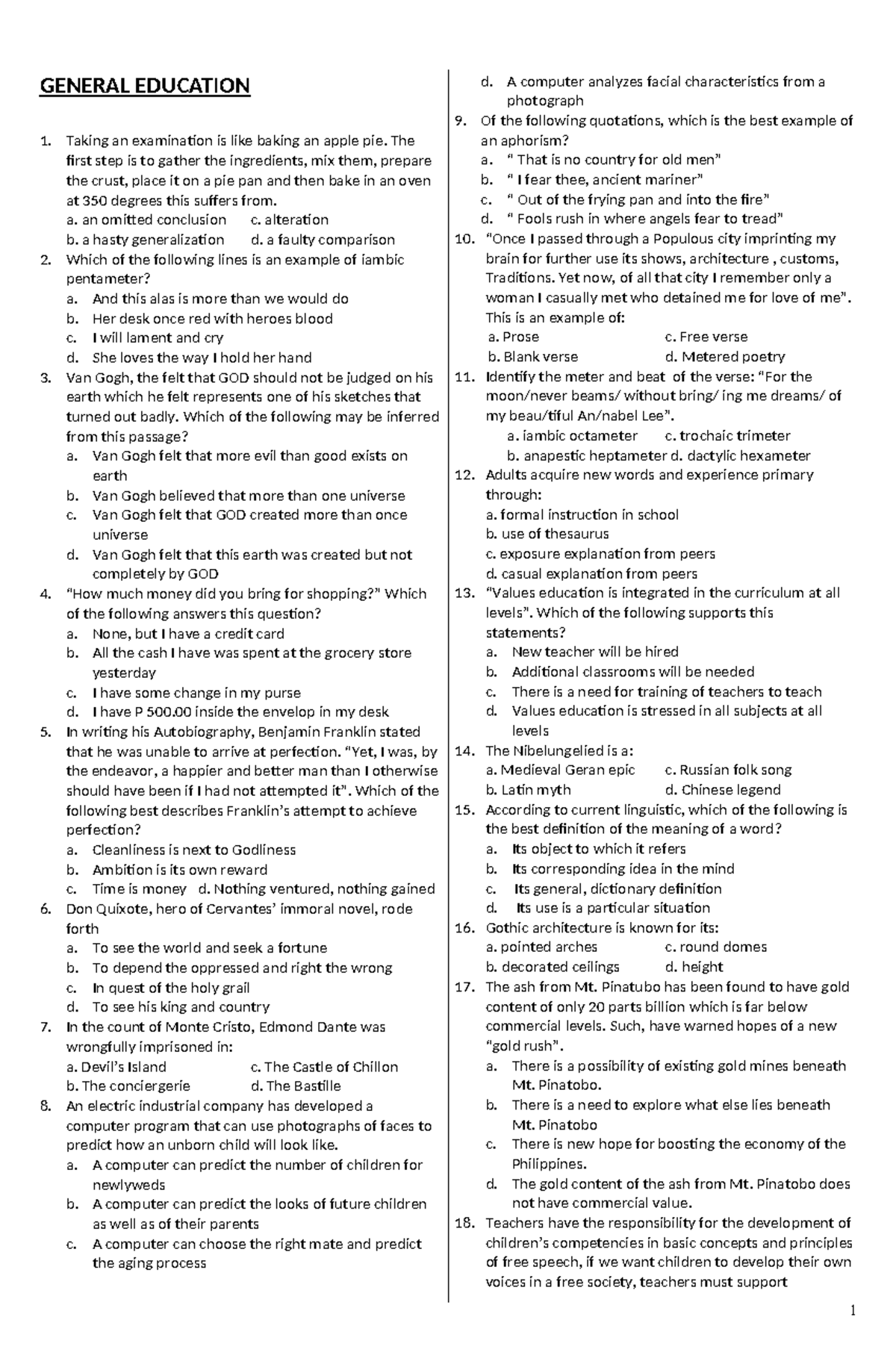 General education Drills September LET2024 - GENERAL EDUCATION 1 ...