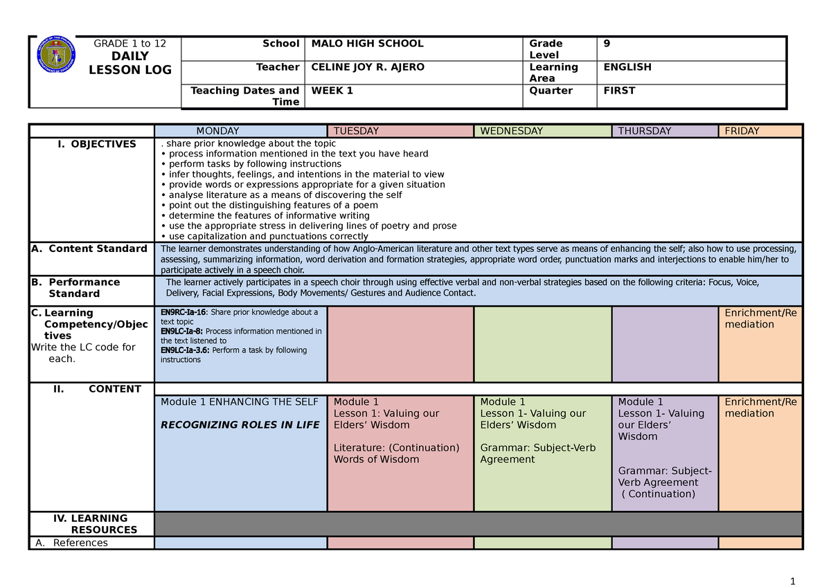 422213406 DLL Grade 9 Lesson 1 Quarter 1 docx - GRADE 1 to 12 DAILY ...