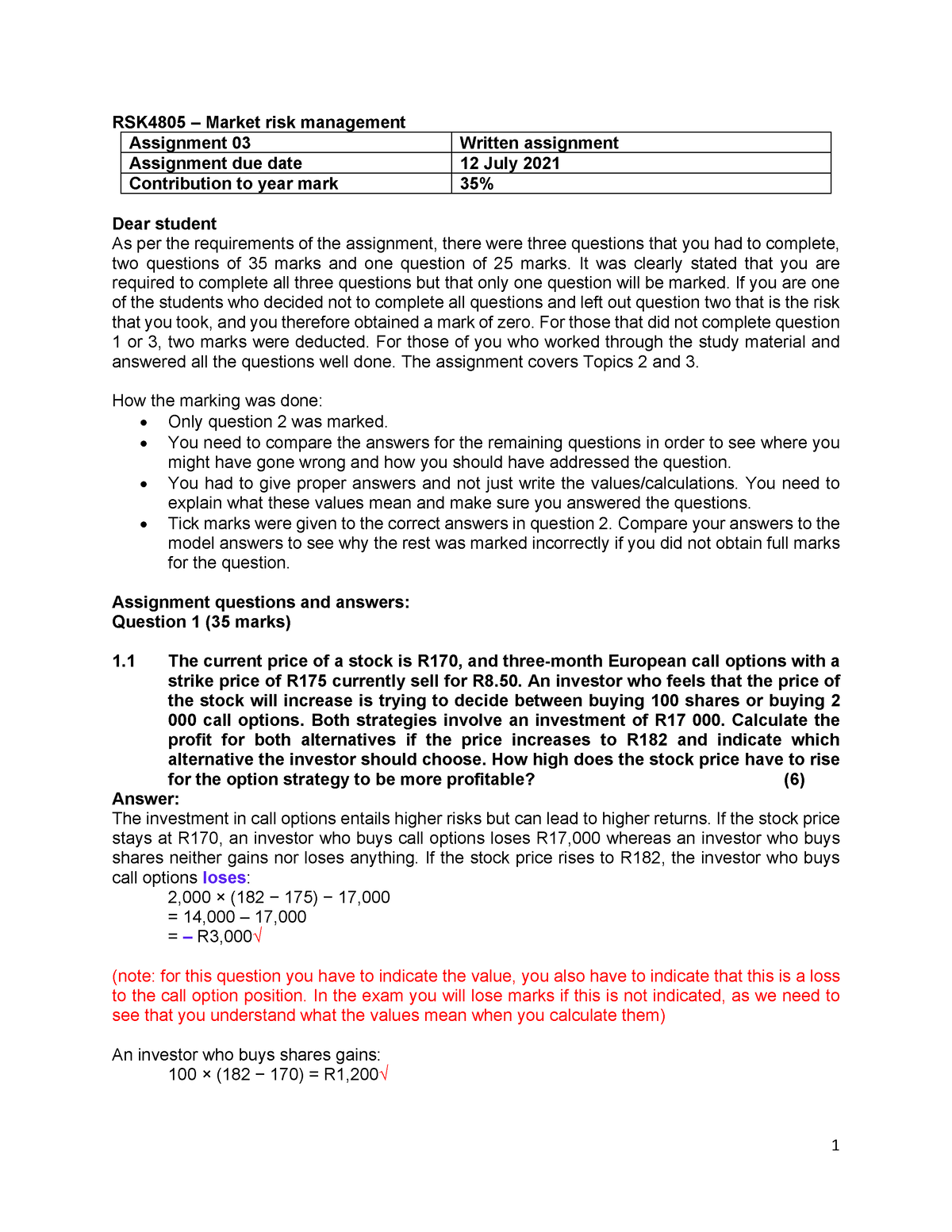 2021 Assignment 3 Soultions Covering Topic 2 And 3 Rsk4805 Market Risk Management Assignment 7326