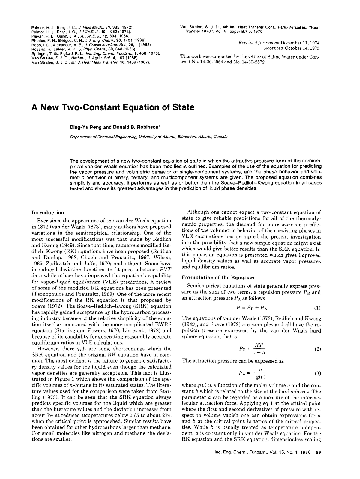 1976 Peng Robinson A New Two-Constant Equation of State - Palmer, H. J.,  Berg, J. C., J. FIuidMech., - Studocu