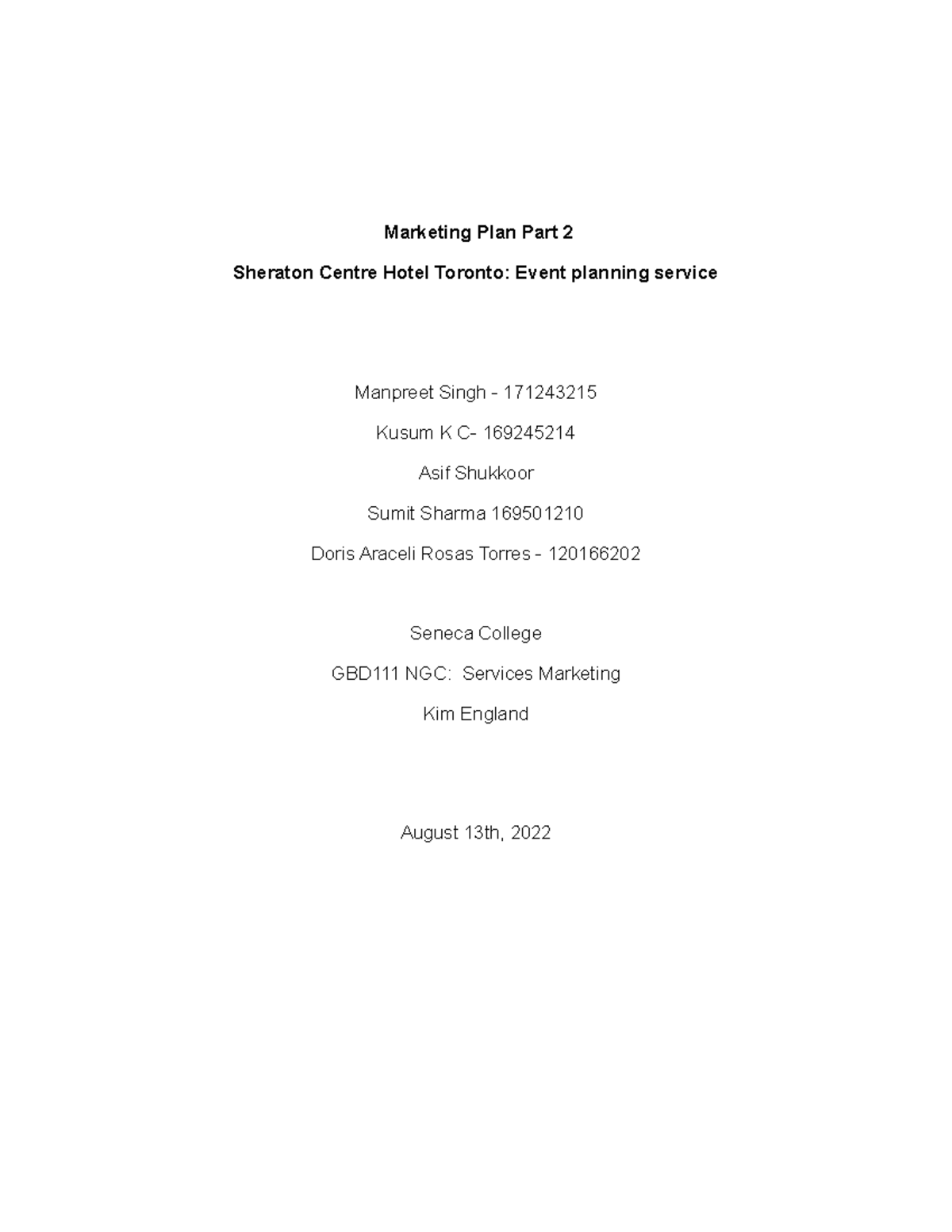 The Marketing Plan Part 2 - Marketing Plan Part 2 Sheraton Centre Hotel ...