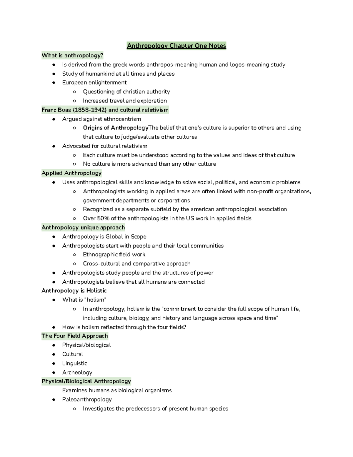 Chapter 1 Anthropology - Anthropology Chapter One Notes What Is ...