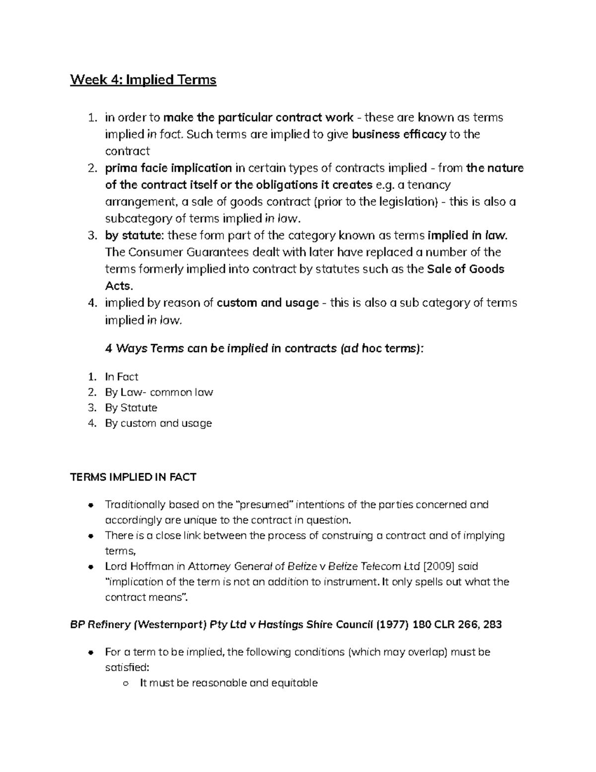 Week 4 Implied Terms - Principles Of Contract Law - Week 4: Implied ...