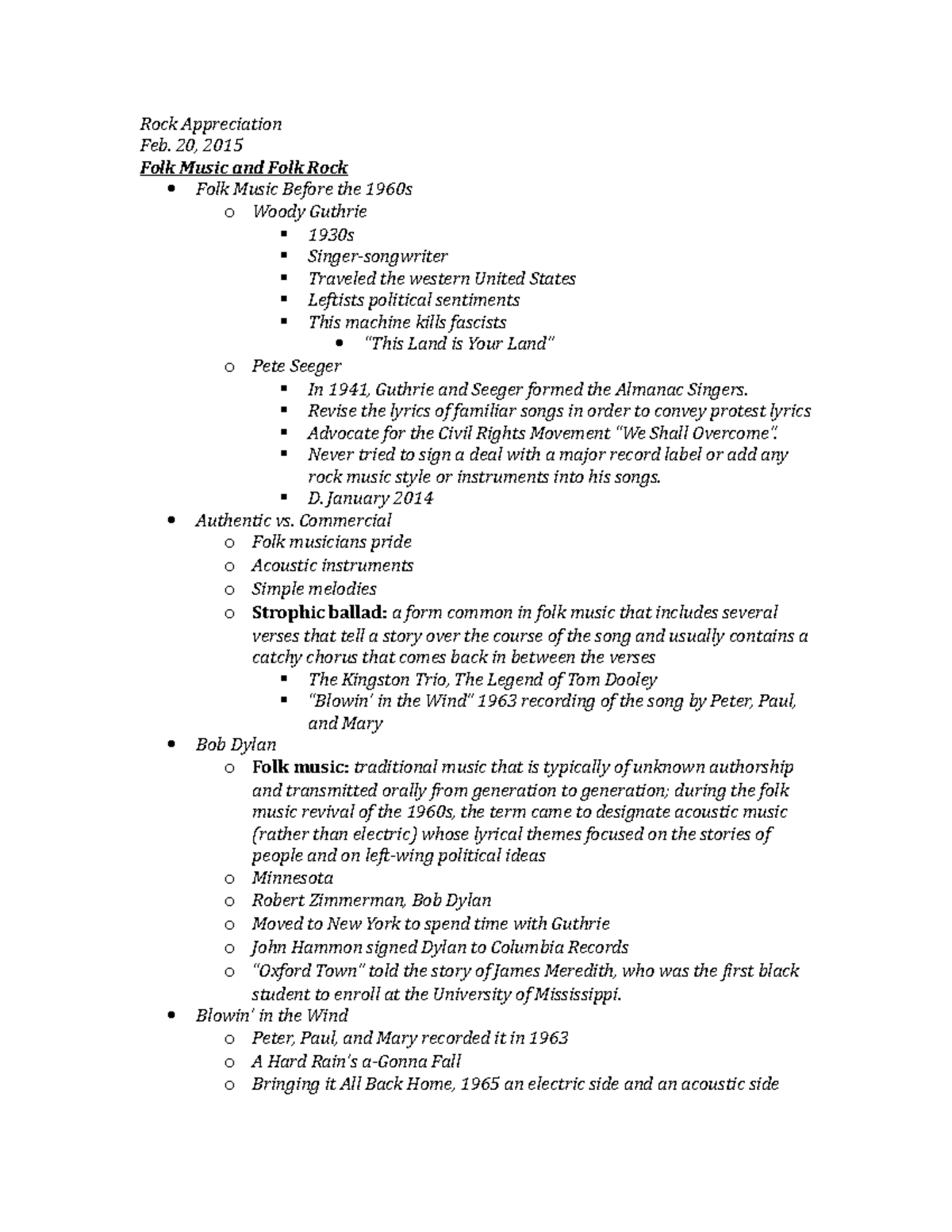 Music Appreciation Notes Feb. 20 - Rock Appreciation Feb. 20, 2015 Folk ...