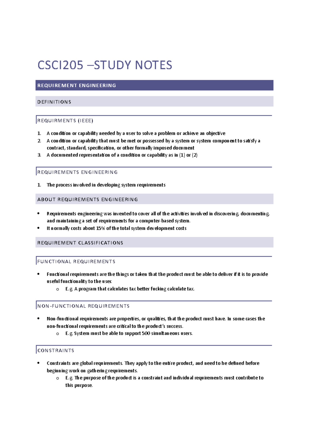 Summary - study notes - CSCI205 NOTES REQUIREMENT ENGINEERING ...