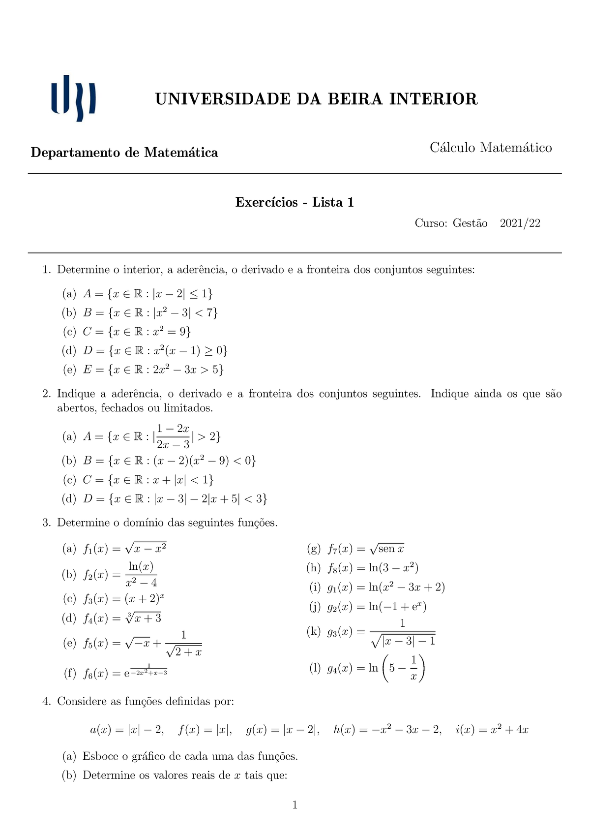 Lista 1 21 Universidade Da Beira Interior Departamento De Matem ́atica C ́alculo Matem ́atico 4179