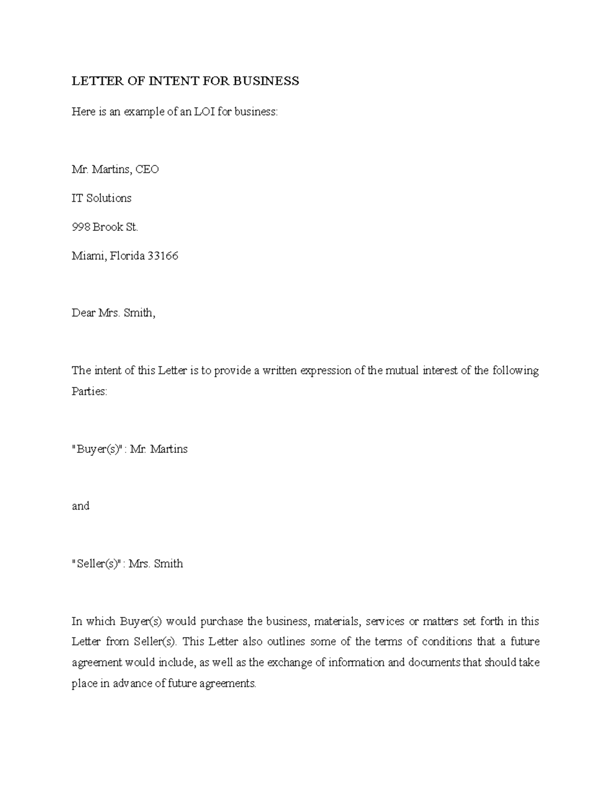 Letter OF Intent FOR Business - LETTER OF INTENT FOR BUSINESS Here is ...