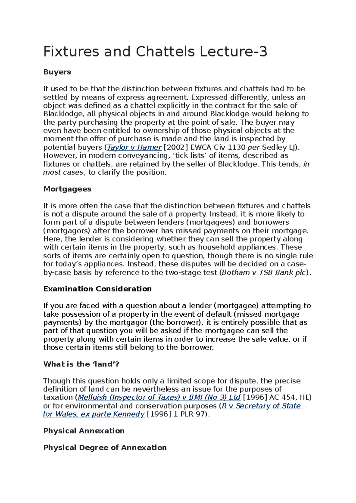 Fixtures and Chattels Lecture 3land law Fixtures and Chattels