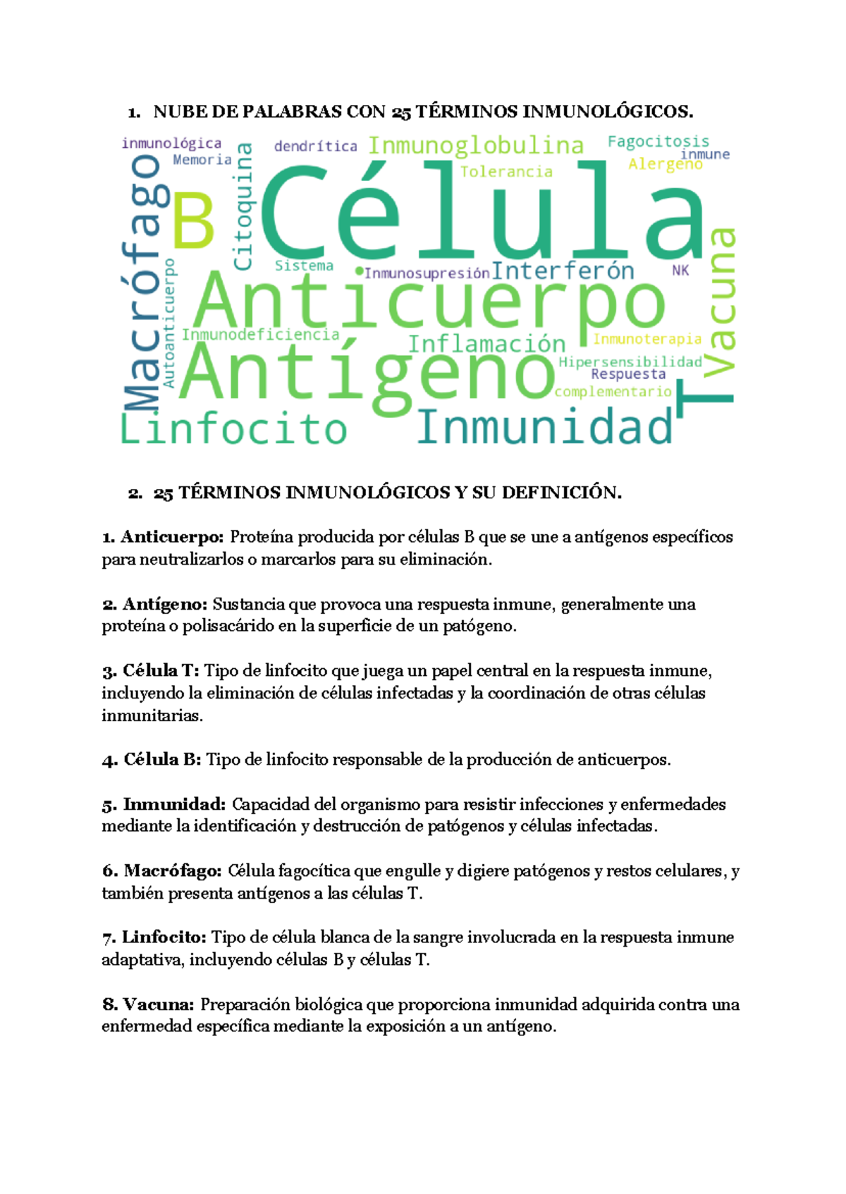 Unidad 1y2 Inmunología - 1. NUBE DE PALABRAS CON 25 TÉRMINOS ...