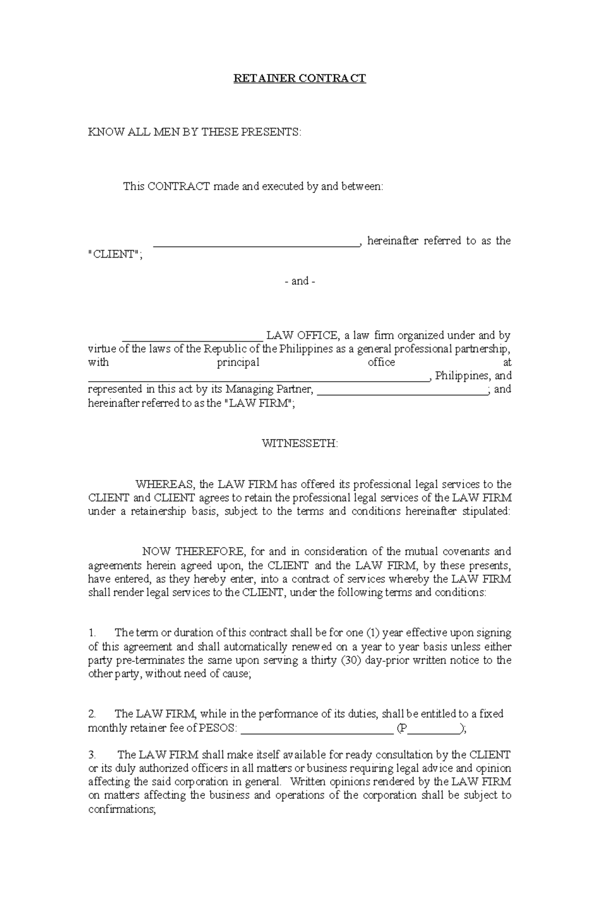 260480339 Sample Retainer Agreement - RETAINER CONTRACT KNOW ALL MEN BY ...