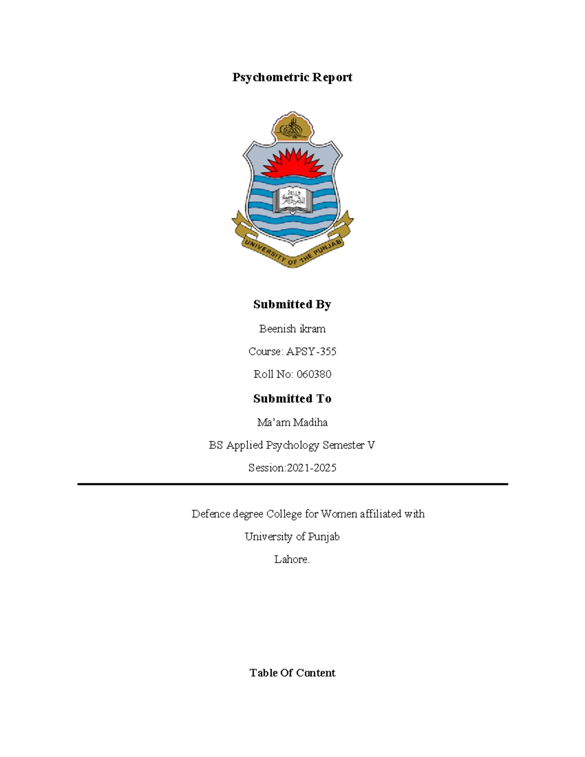 Document 25 - Psychometric Report Submitted By Beenish ikram Course ...