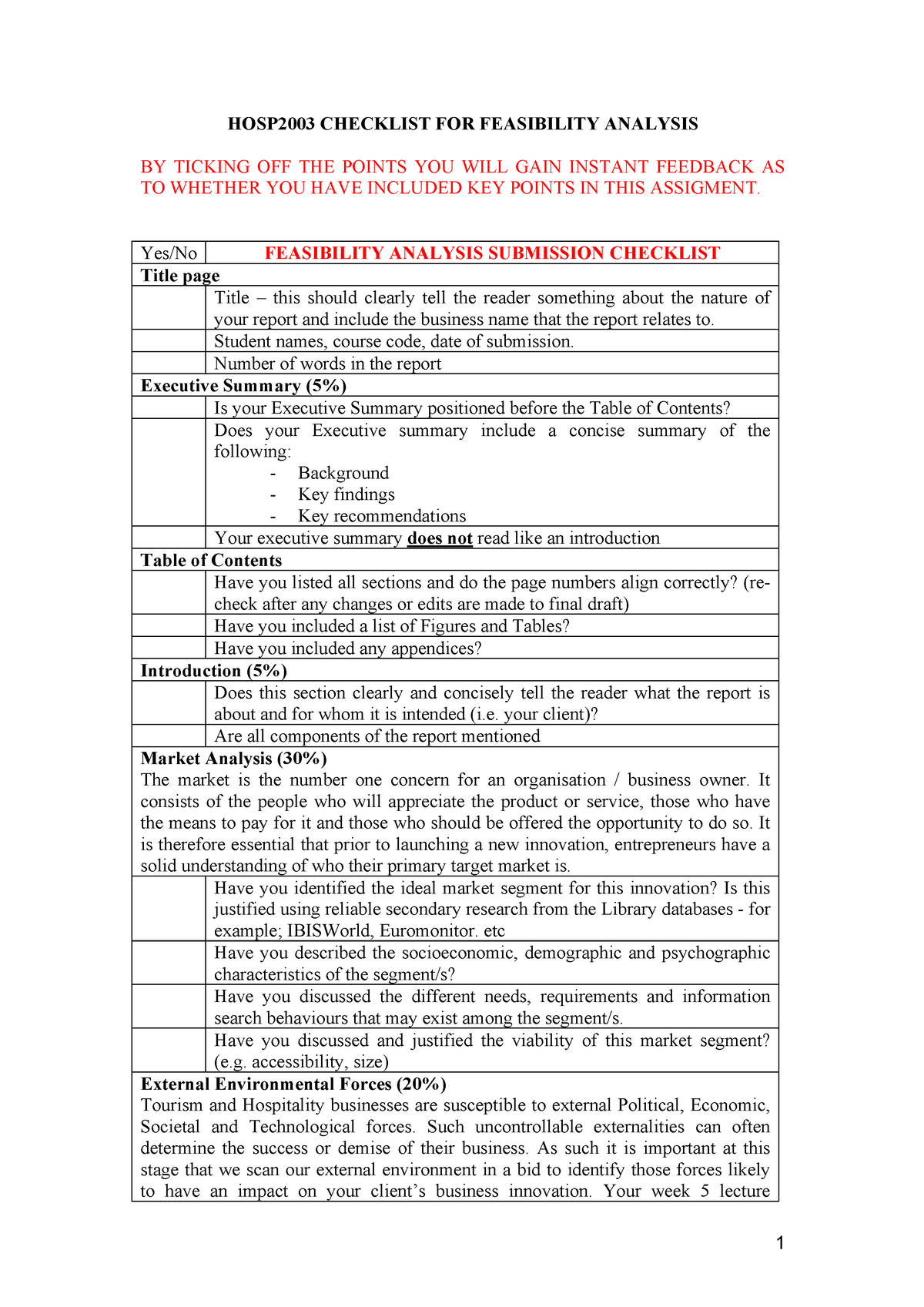 Feasibility Analysis Checklist - 1 HOSP2003 CHECKLIST FOR FEASIBILITY ...