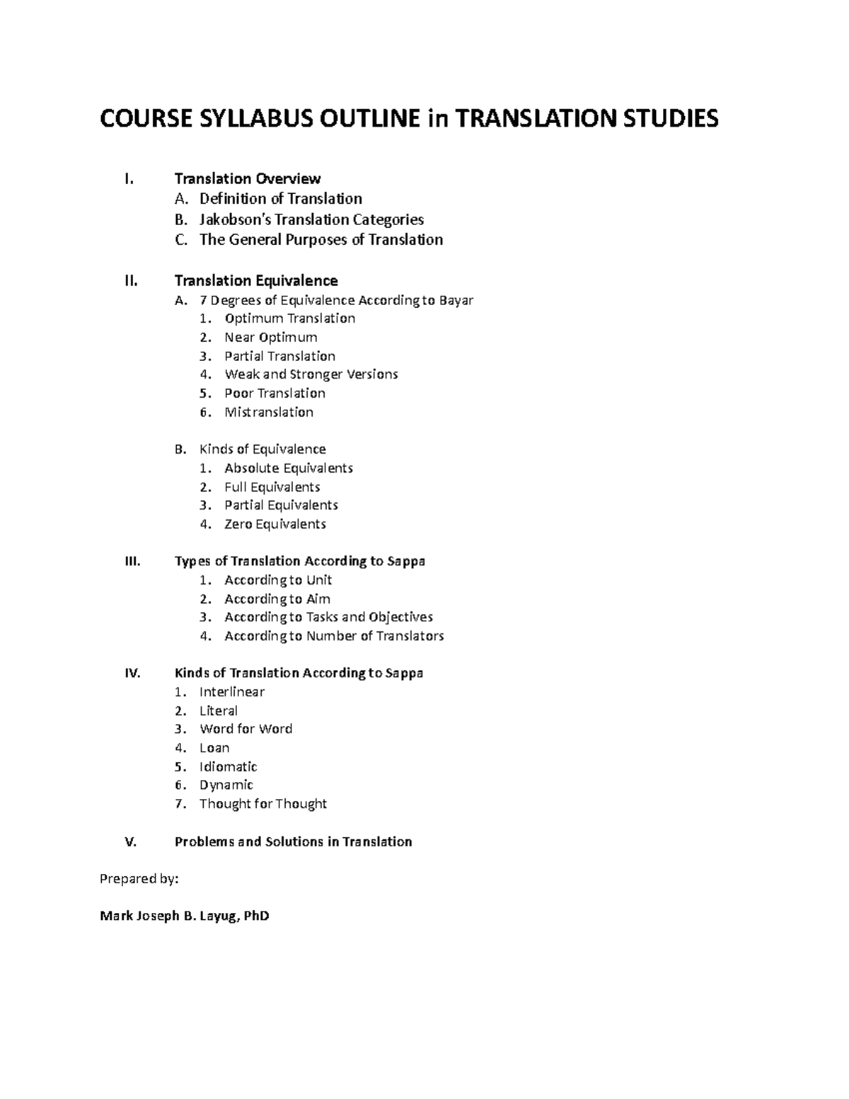 Course Syllabus Outline in Translation - COURSE SYLLABUS OUTLINE in ...