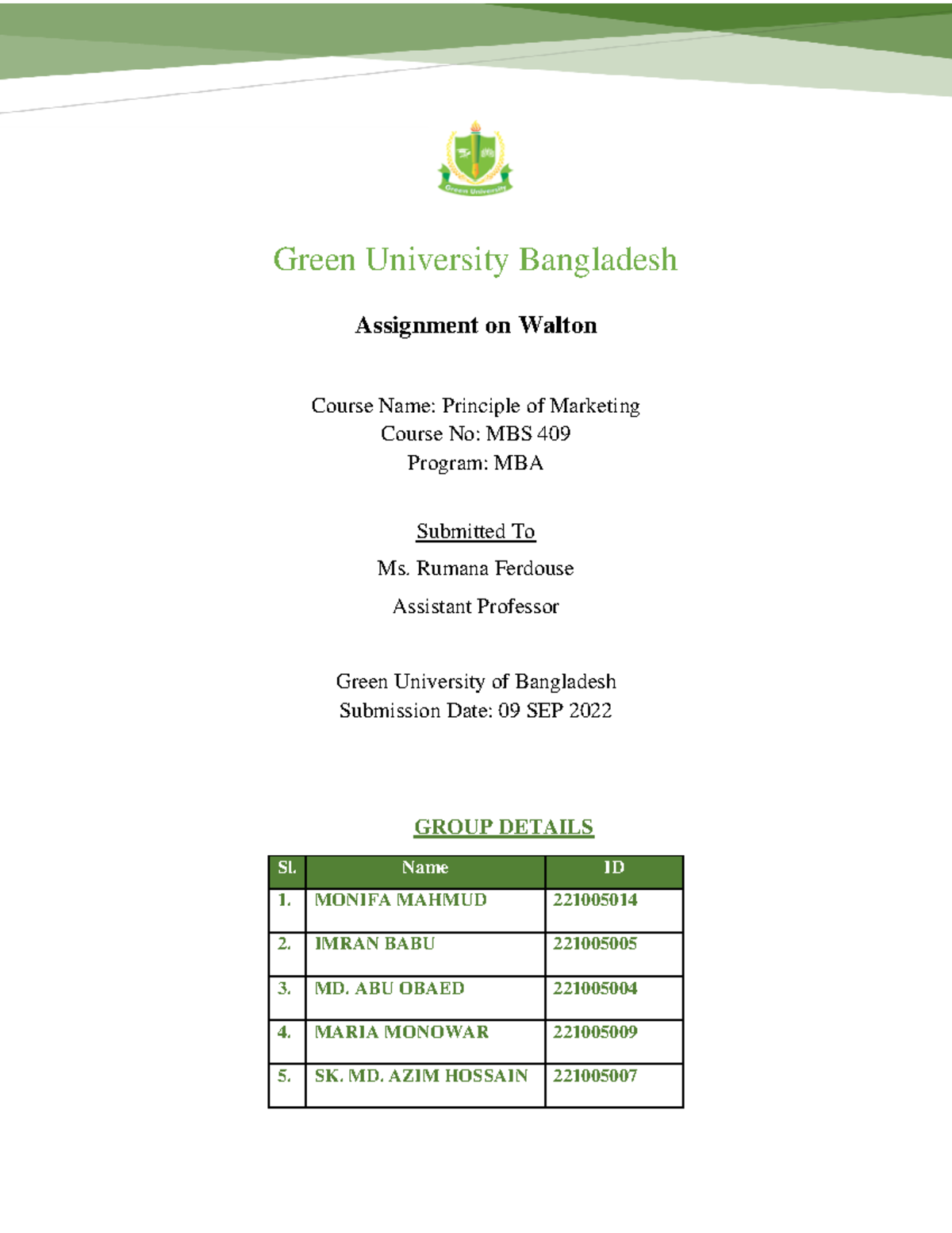 Walton Assignment MKT - Green University Bangladesh Assignment on ...
