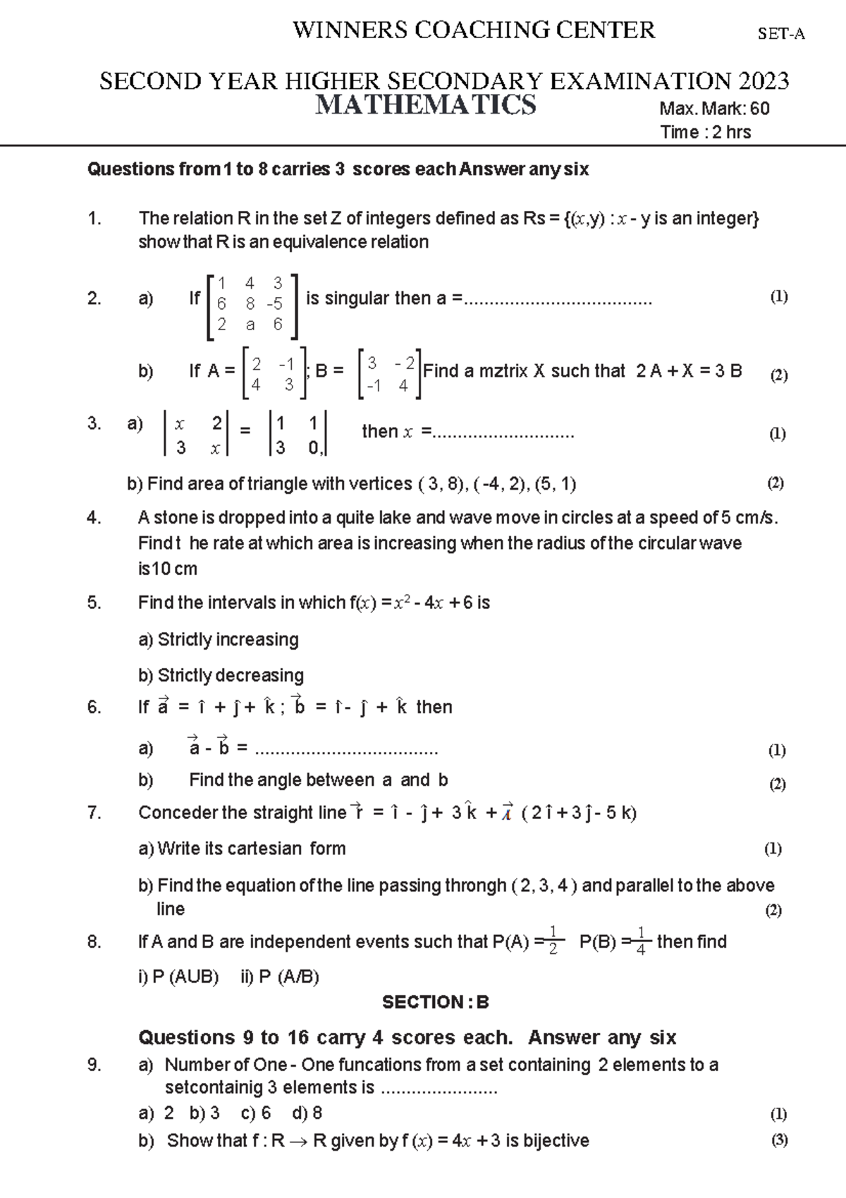 PLUS 2 Mathematics SET-A - Questions from 1 to 8 carries 3 scores each ...