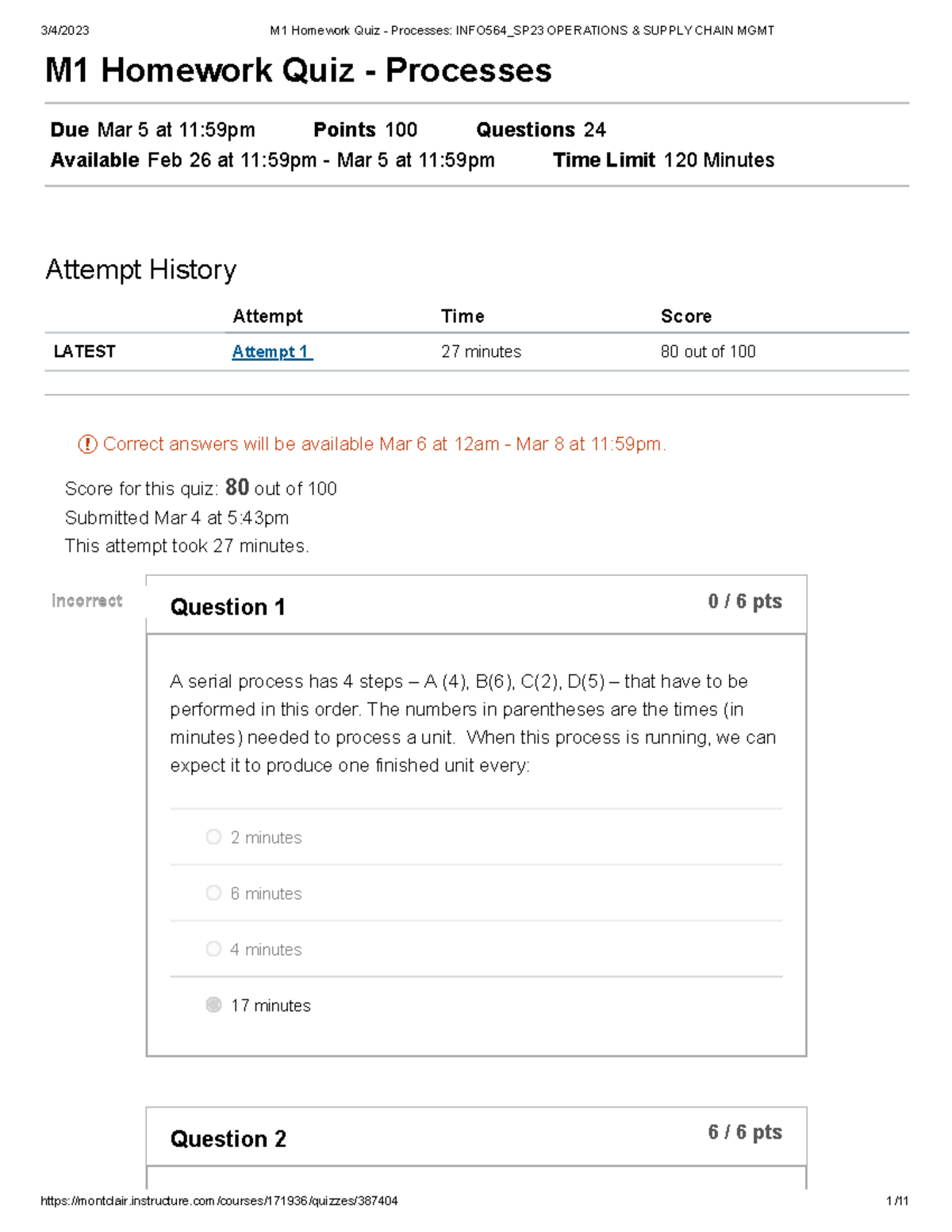 Info564 M1 - quiz - M1 Homework Quiz - Processes Due Mar 5 at 11:59pm ...