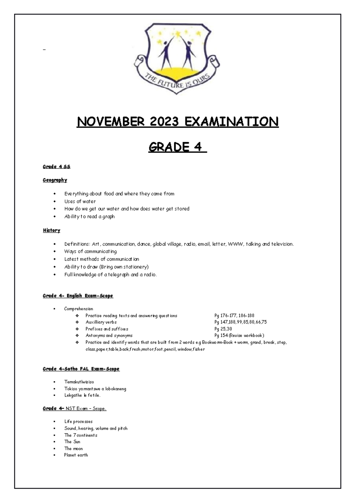 Scopes FOR TERM 4 2023 NOVEMBER 2023 EXAMINATION GRADE 4 Grade 4 SS