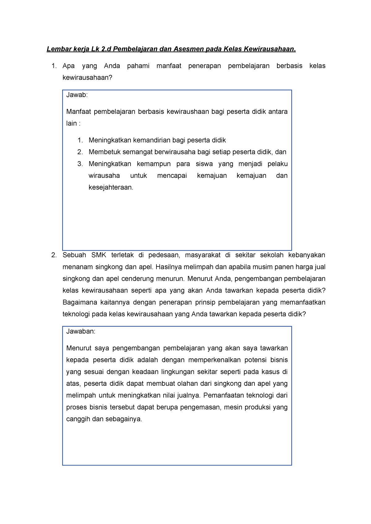 Lembar Kerja Lk 2.d Pembelajaran Dan Asesmen Pada Kelas Kewirausahaan ...