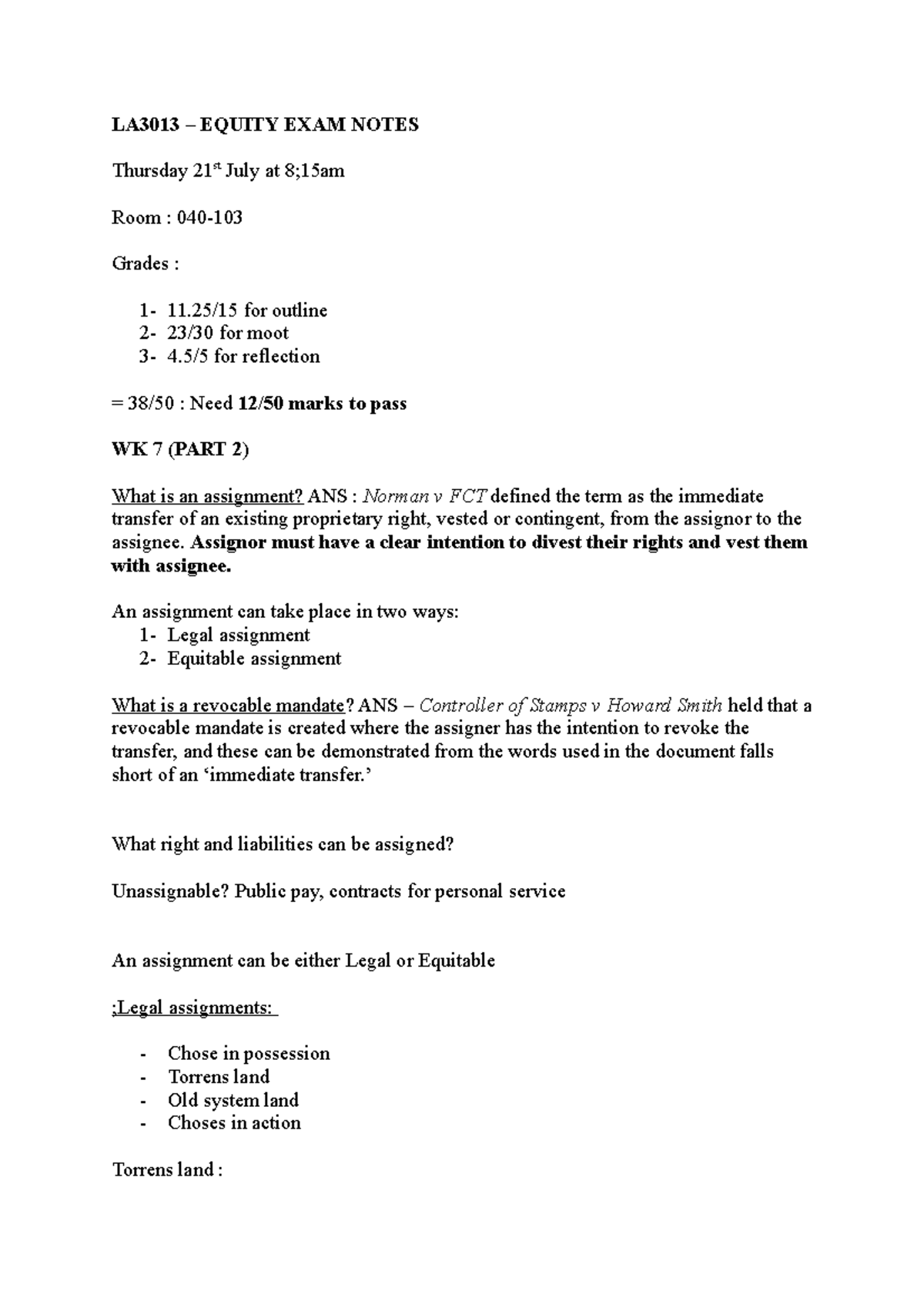 LA3013 exam notes - Lecture 7 (assignments intro) - LA3013 – EQUITY ...