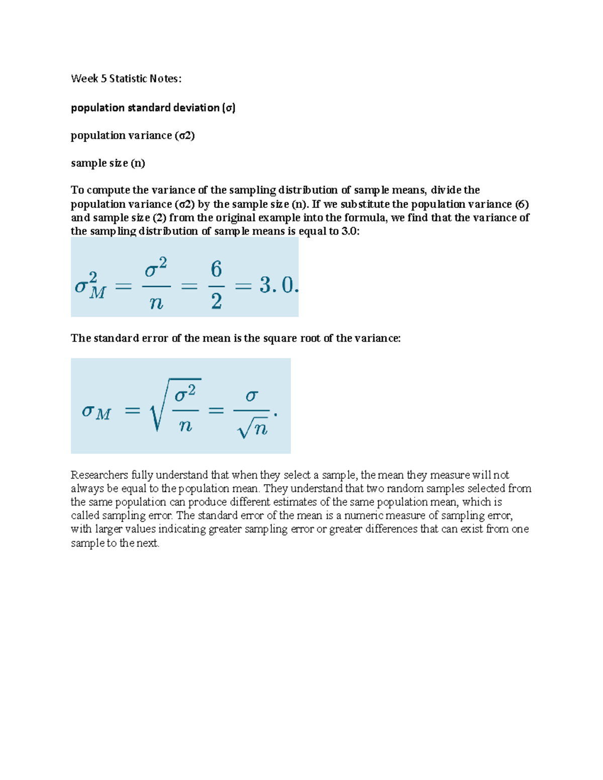 Week 5 Statistic Notes - Week 5 Statistic Notes: population standard ...