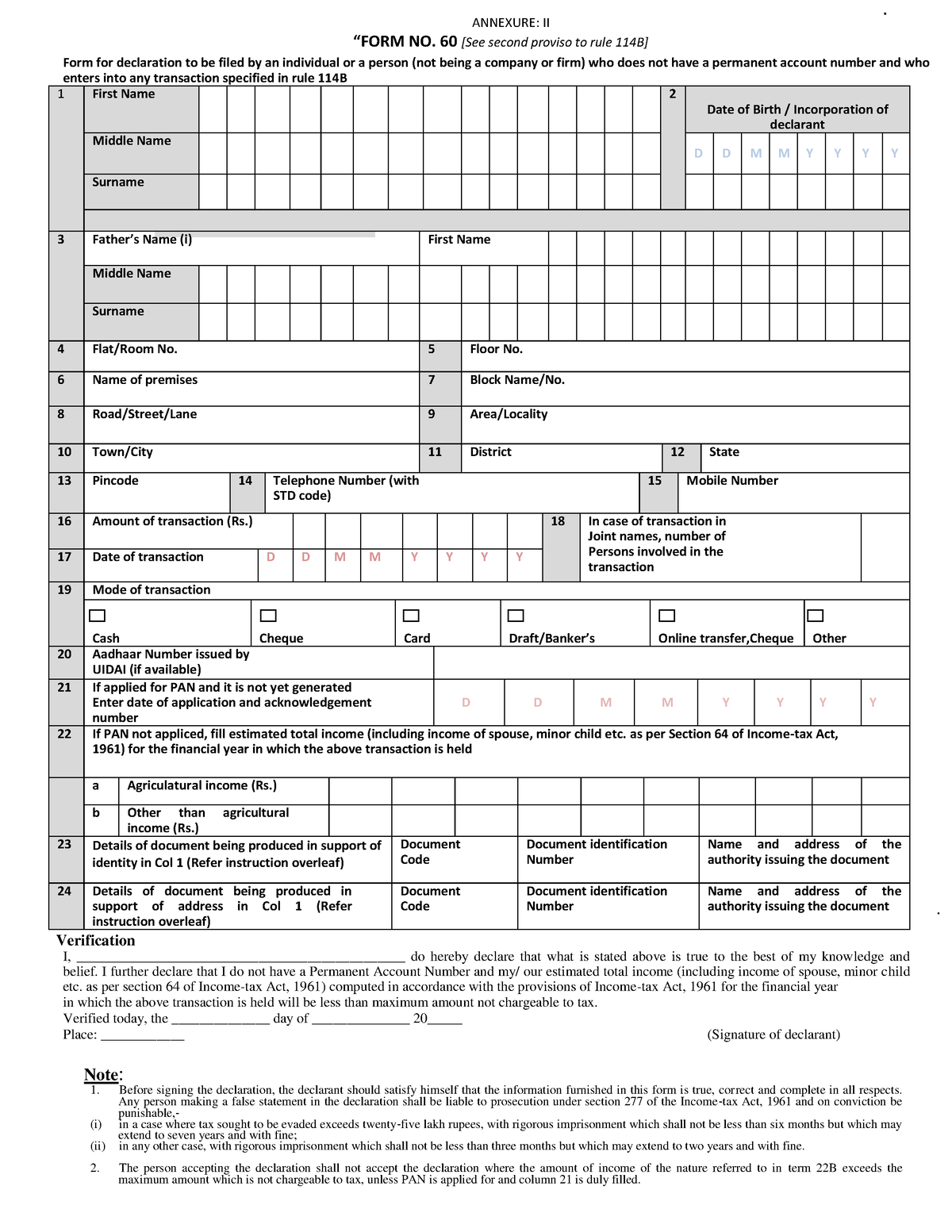 FORM NO. 60 - Form 60 - ANNEXURE: II “FORM NO. 60 [See second proviso ...