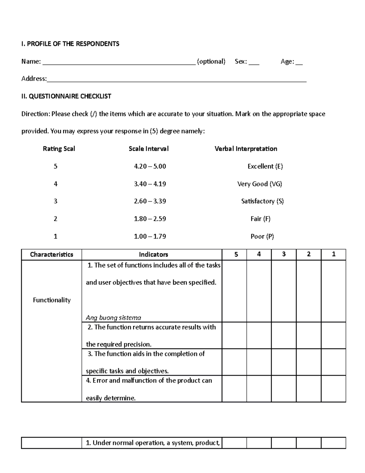 Questionnare I Profile Of The Respondents Name 3265