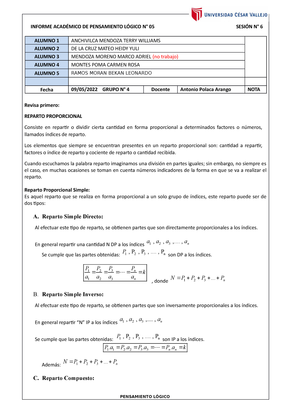 Informe N° 05 Pensamiento Logico - INFORME ACADÉMICO DE PENSAMIENTO ...